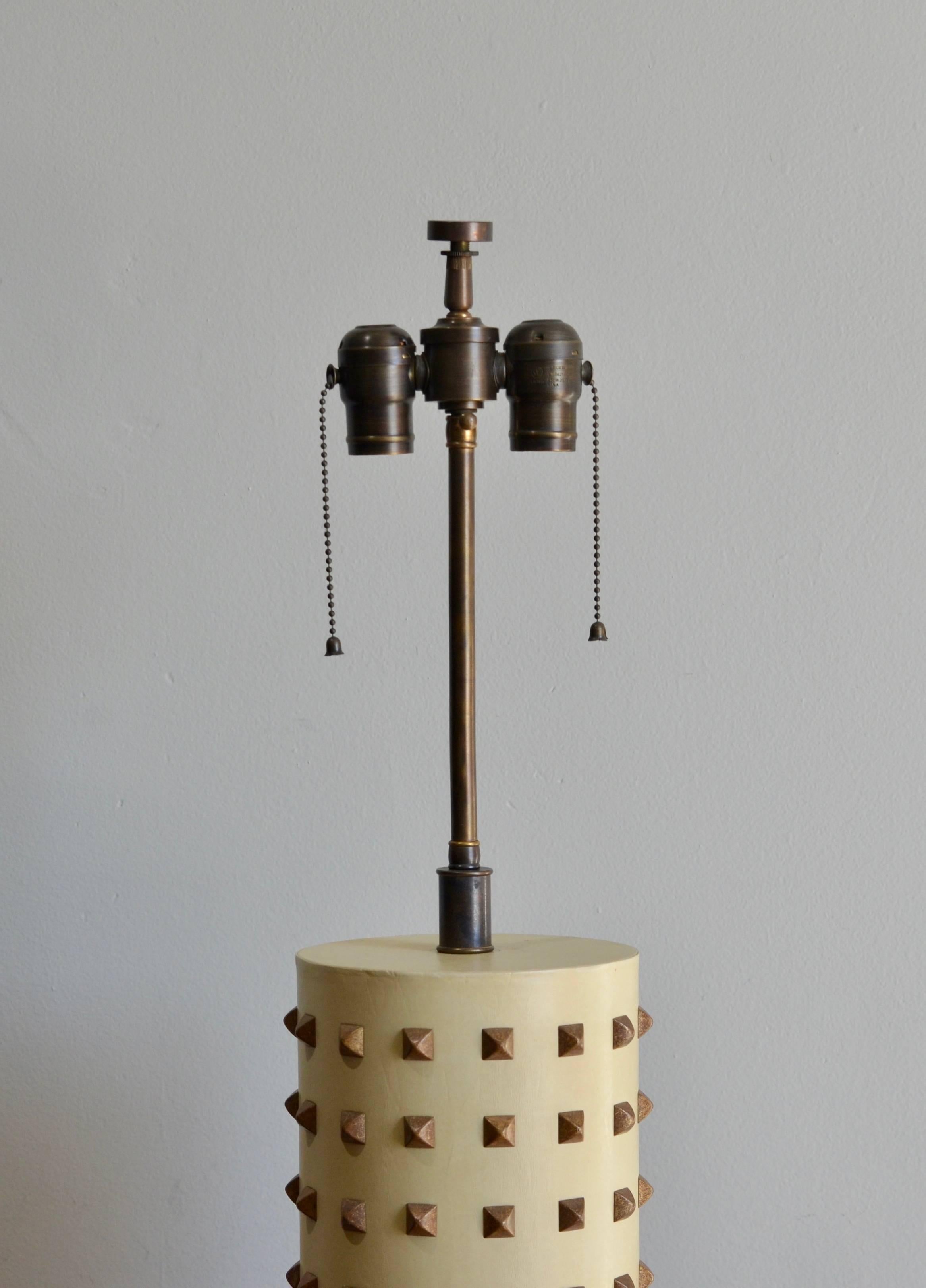 Large Studded Cylinder Table Lamp In Excellent Condition For Sale In Los Angeles, CA