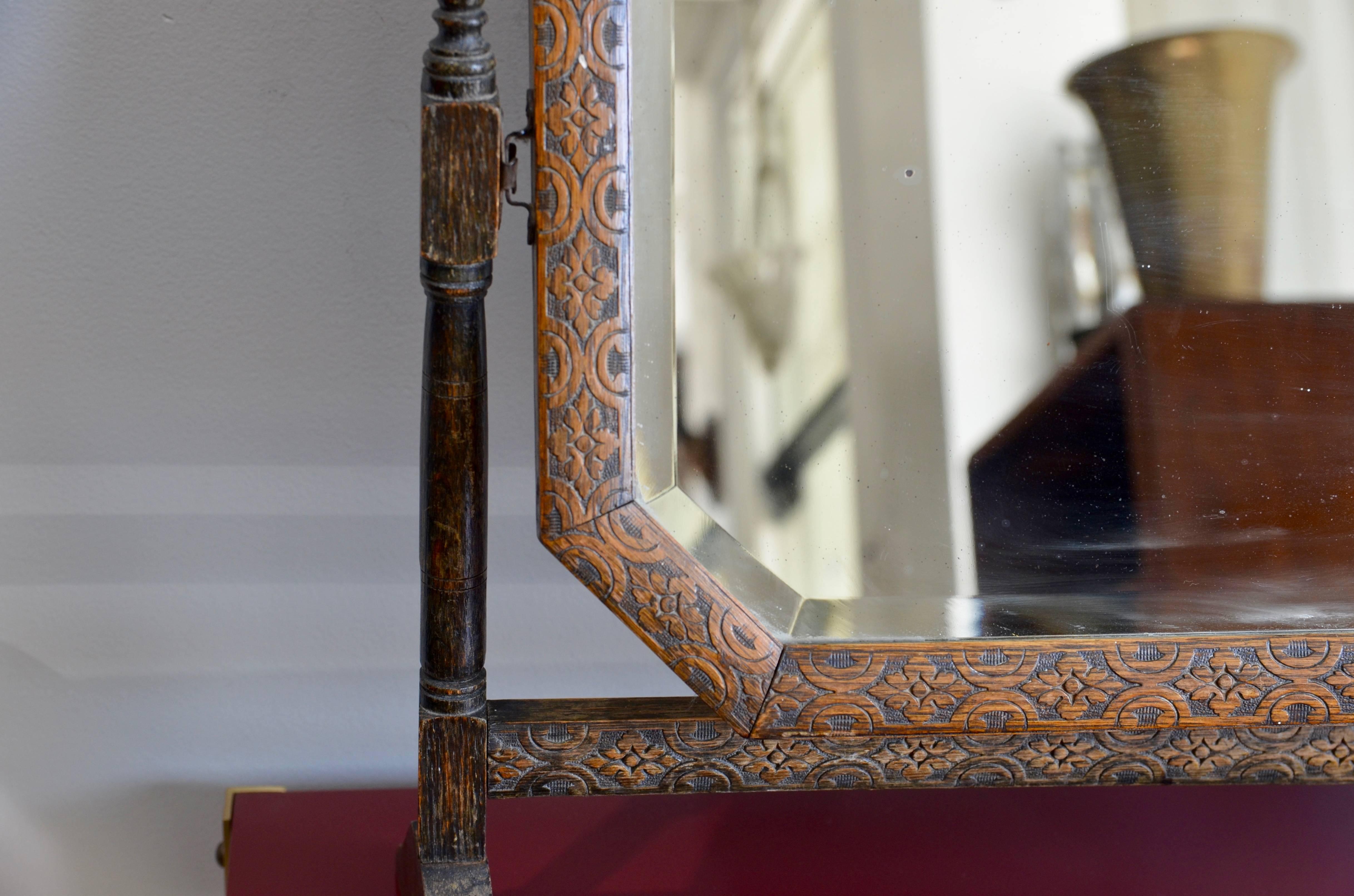 Hand-Carved Carved Oak American Arts & Crafts Vanity Tilt Mirror