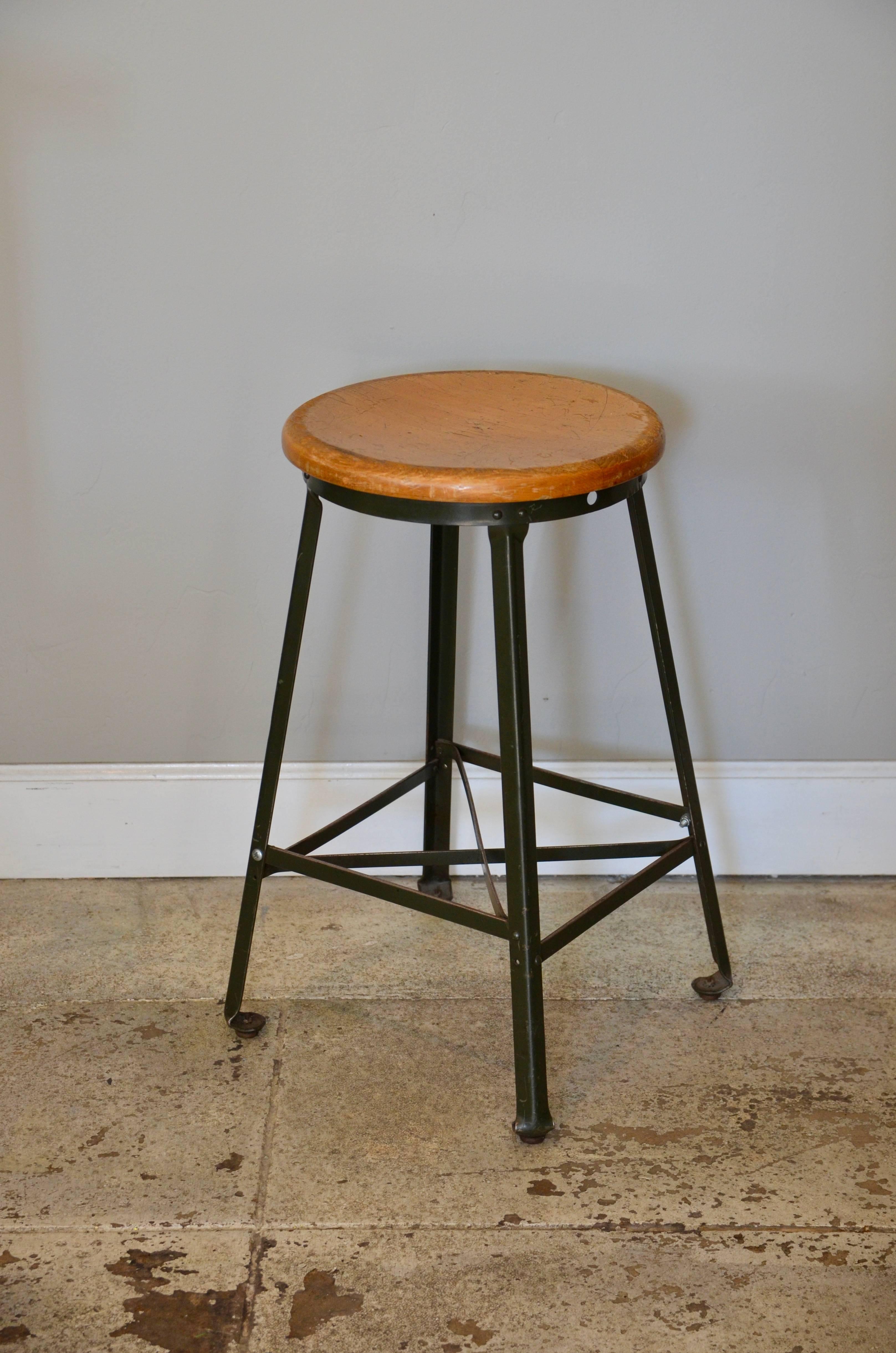 American Great Set of Three Vintage Industrial Steel and Turned Wood Counter Stools