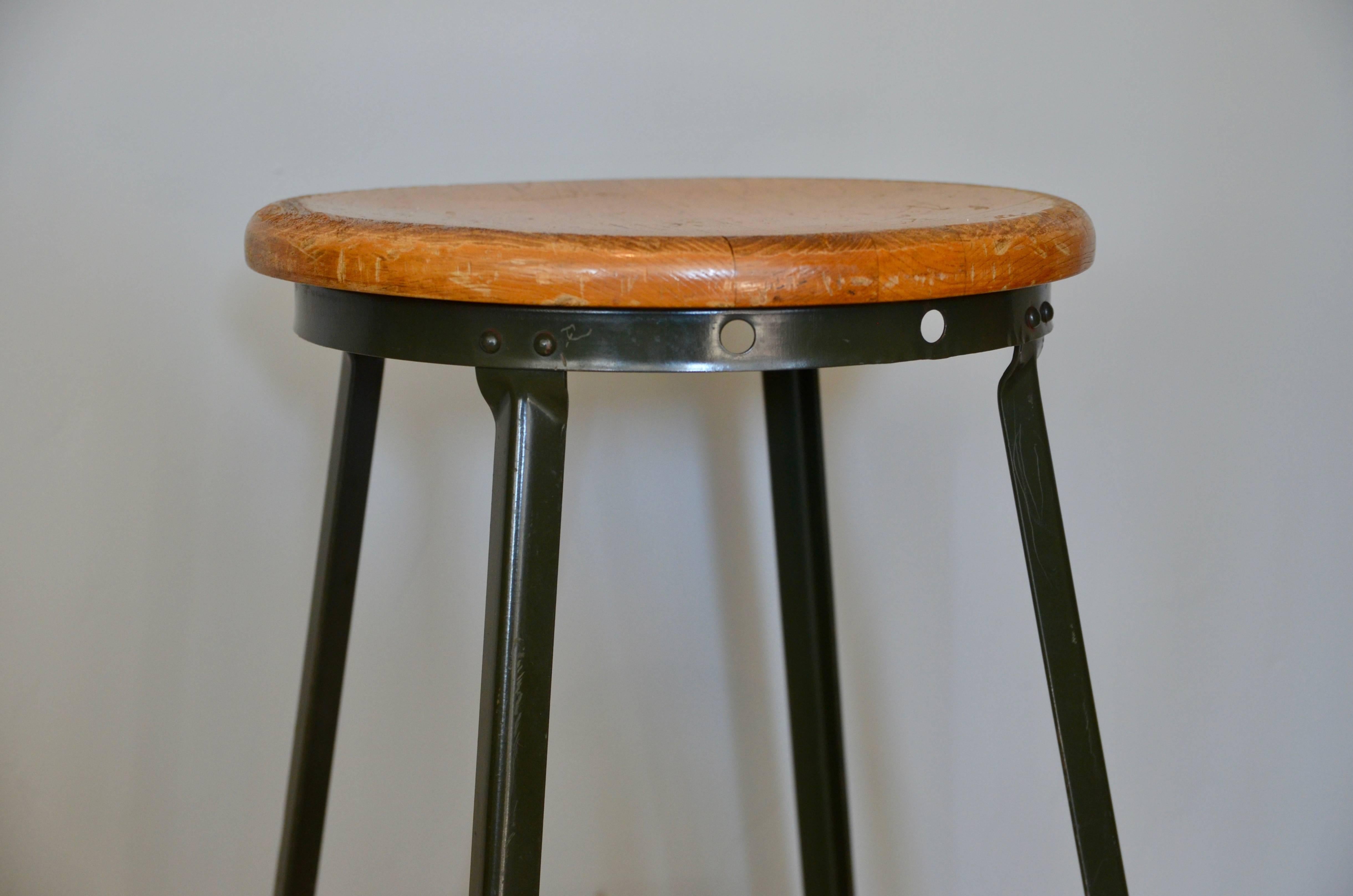 Great Set of Three Vintage Industrial Steel and Turned Wood Counter Stools In Excellent Condition In Los Angeles, CA