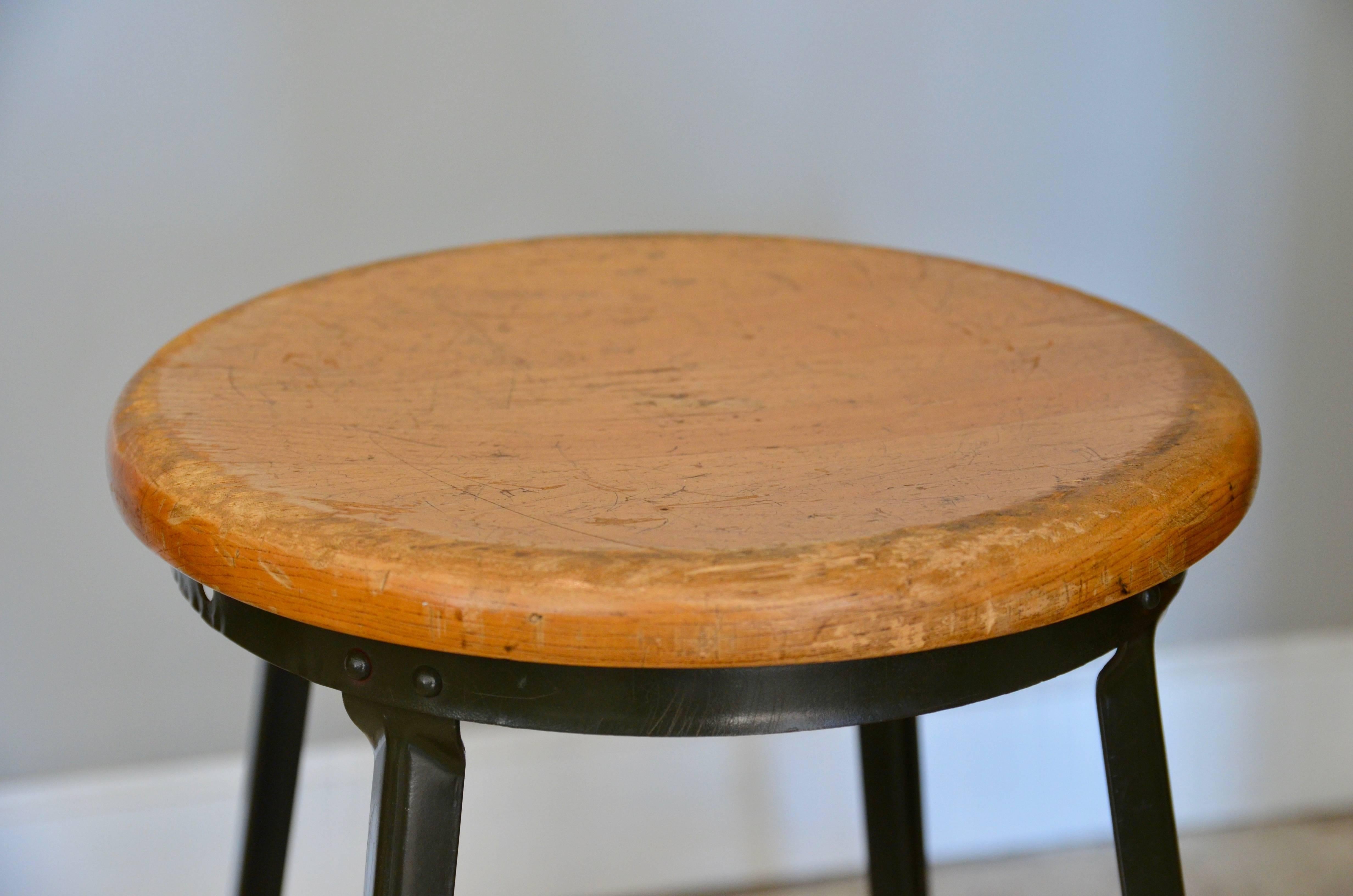 Great Set of Three Vintage Industrial Steel and Turned Wood Counter Stools 3