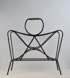 French Modernist Black Metal Magazine Rack Attributed to Jacques Adnet, 1950s