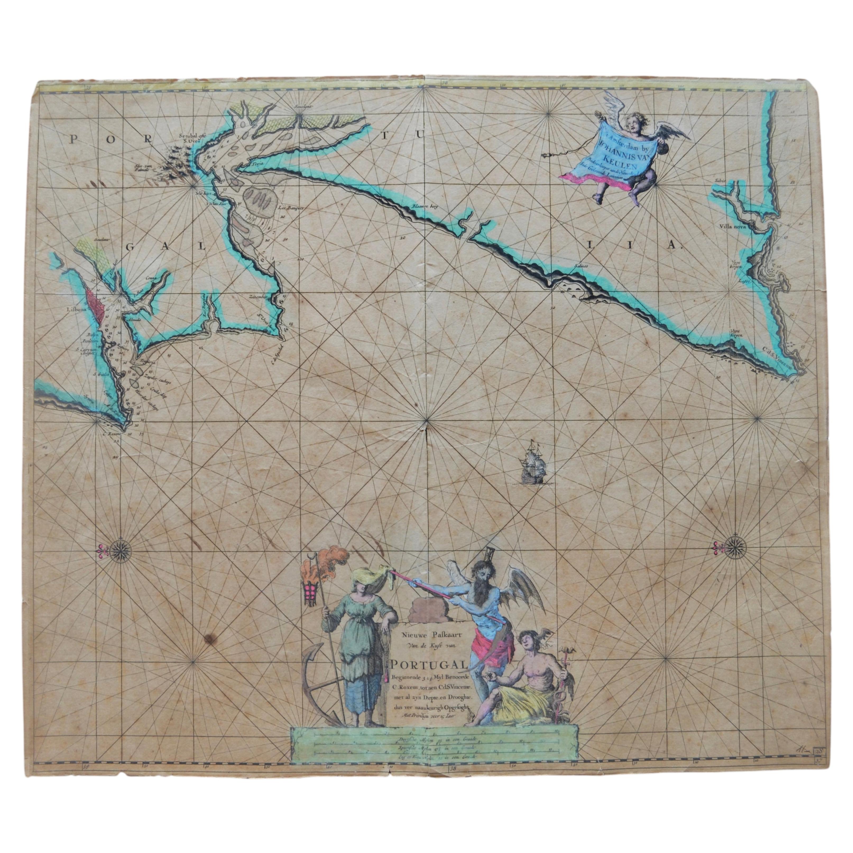 Johannes van Keulen Hand-Colored Nautical Chart of Portugal, circa 1690