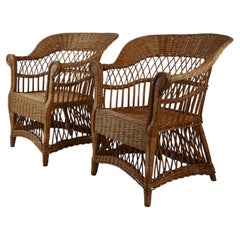 Pair of Early 20th Century Wicker Armchairs with Rolled Arms, circa 1920