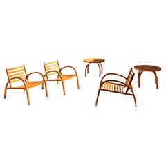 Modernist Swedish wooden garden set of furniture 3 chairs 2 tables 1940's