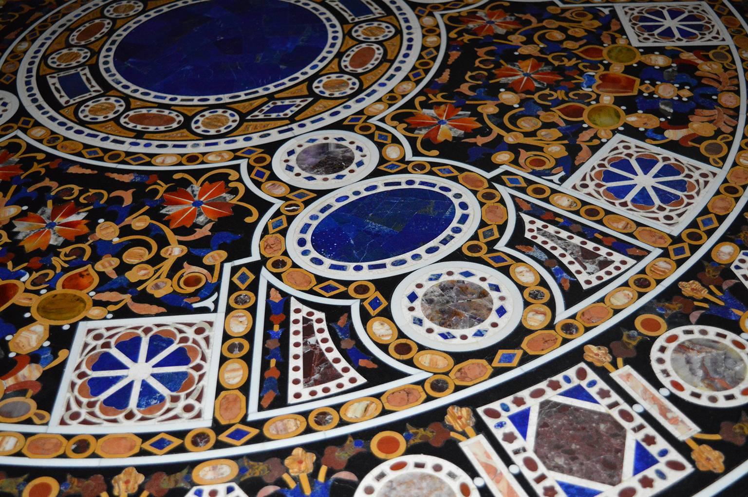 Pietra Dura Empire table. With inlayed lapis lazuli, amethyst, precious gems. Wood is ebony Macassar.