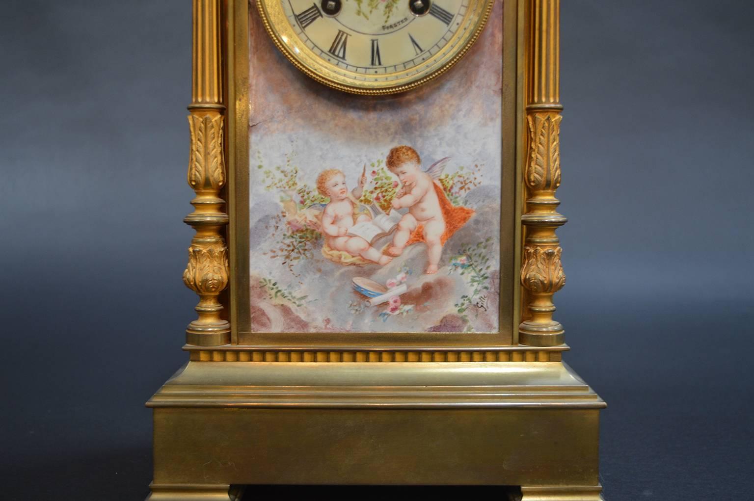 19th century French gilt bronze mantel clock. Japy Freres and Cie (maker). With inset Sevres style porcelain plaque. Painted dial signed Forster.