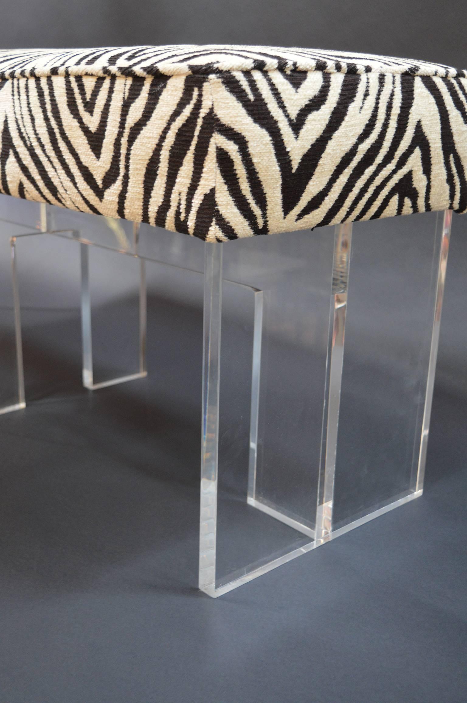 Zebra Print Upholstered Lucite Bench In Excellent Condition In Los Angeles, CA