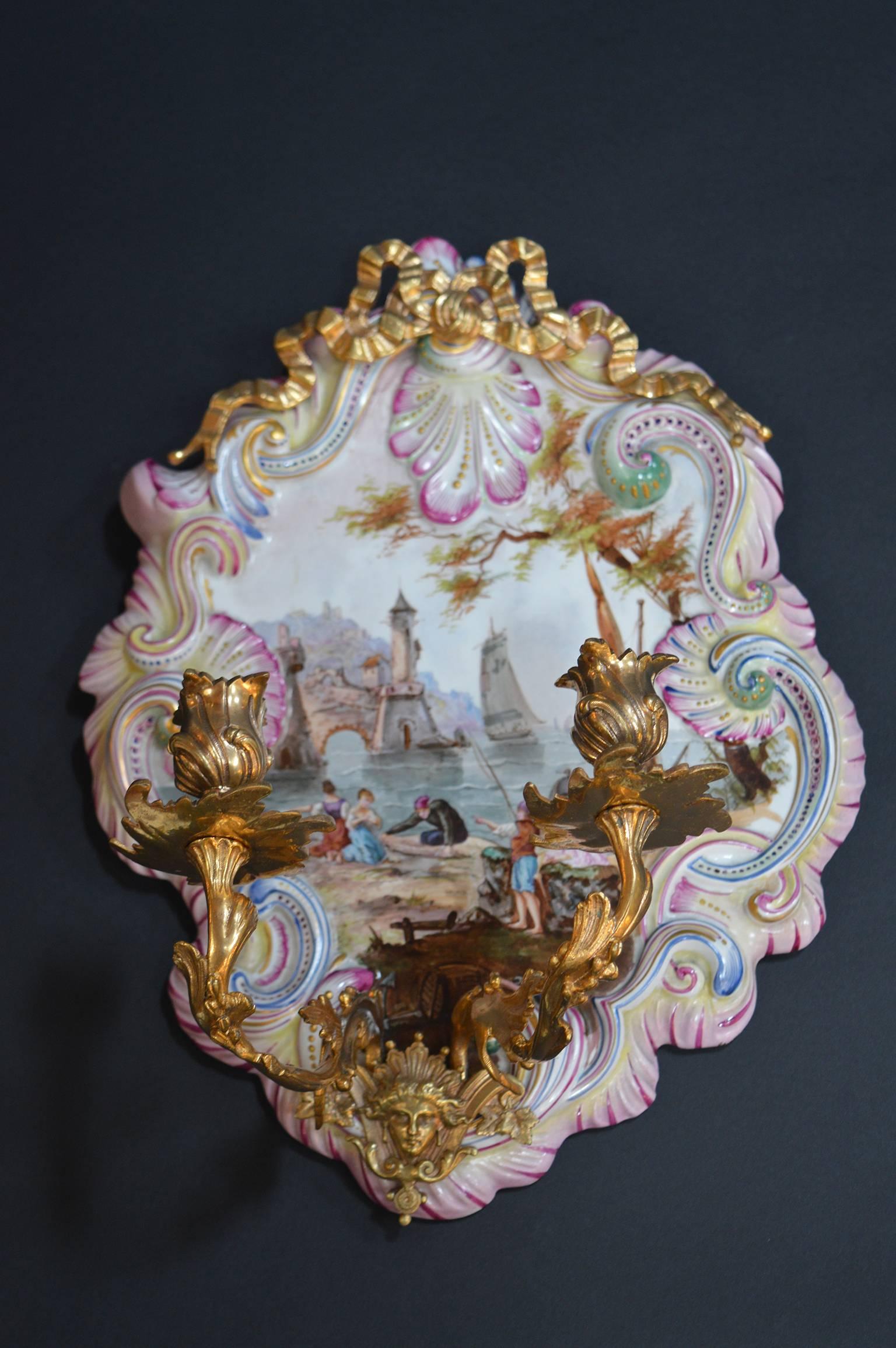 Gilt Pair of French Faience Wall Sconces