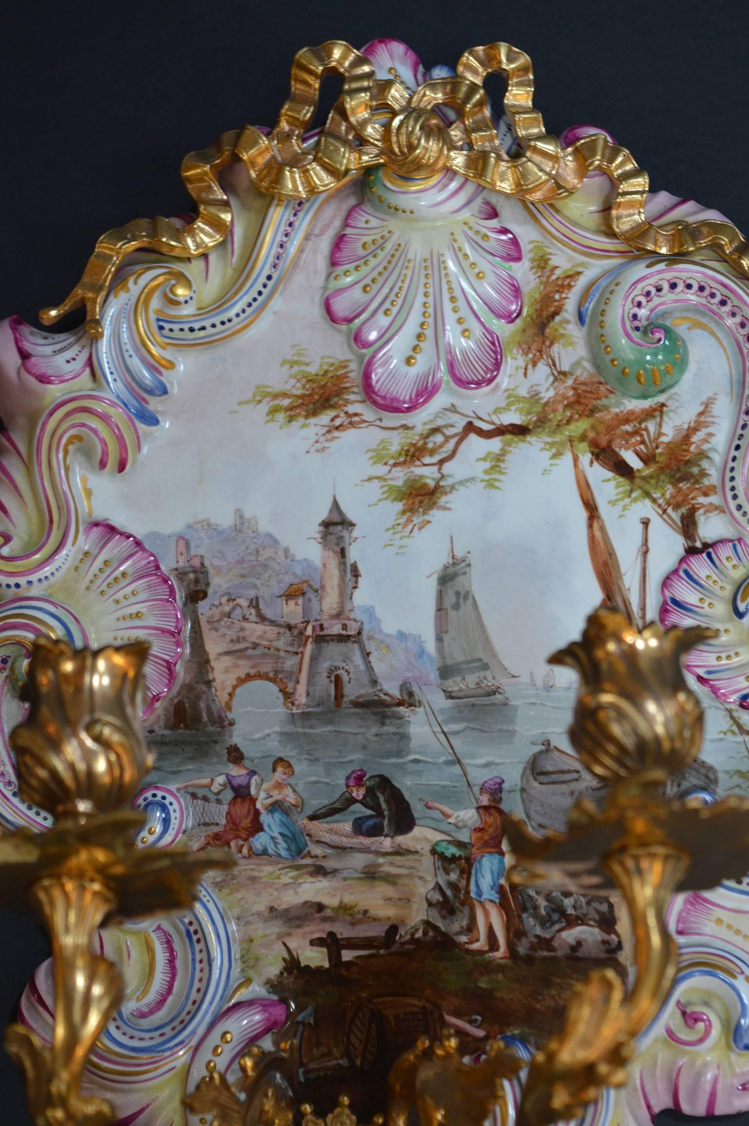 20th Century Pair of French Faience Wall Sconces