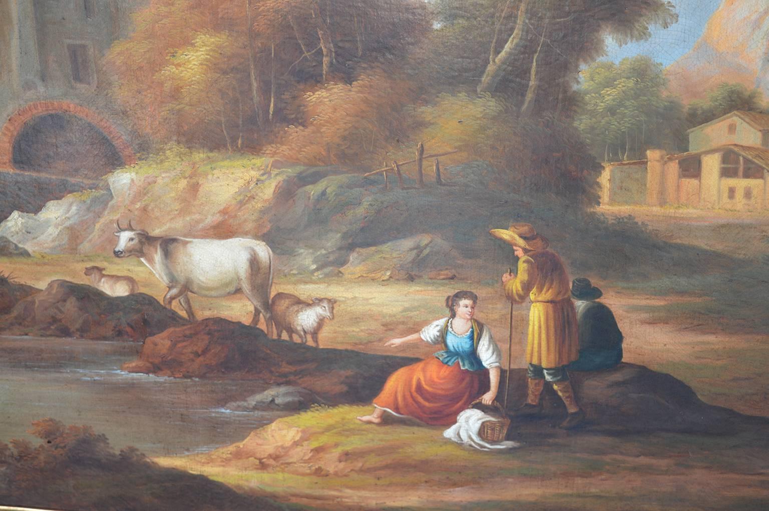 Large 19th century Italian landscape oil painting. The painting shows working life by the Italian river.