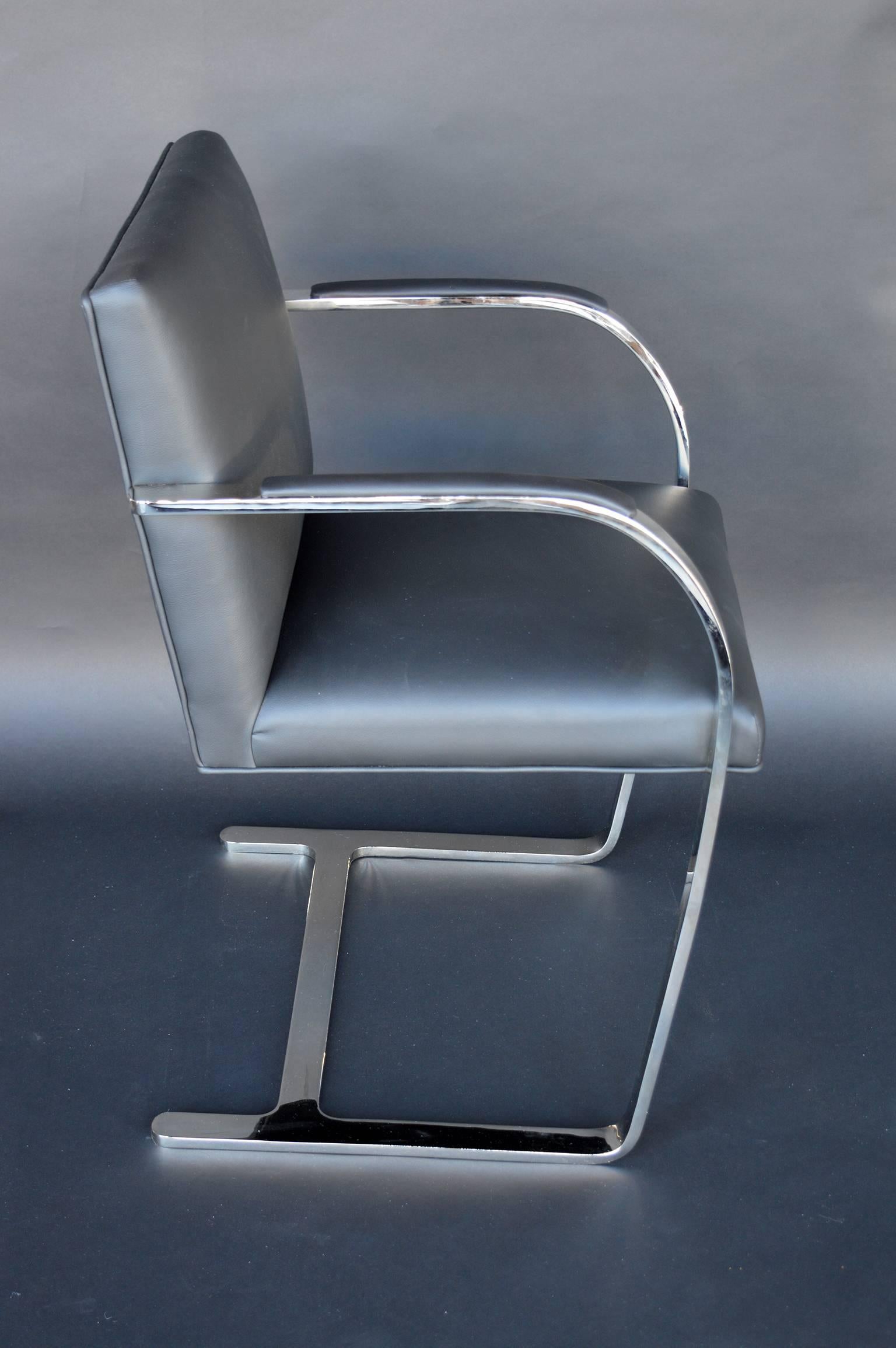 Set of eight Brno chairs by Ludwig Mies van der Rohe. Chairs are in chrome-plated steeled and newly upholstered in black leather.