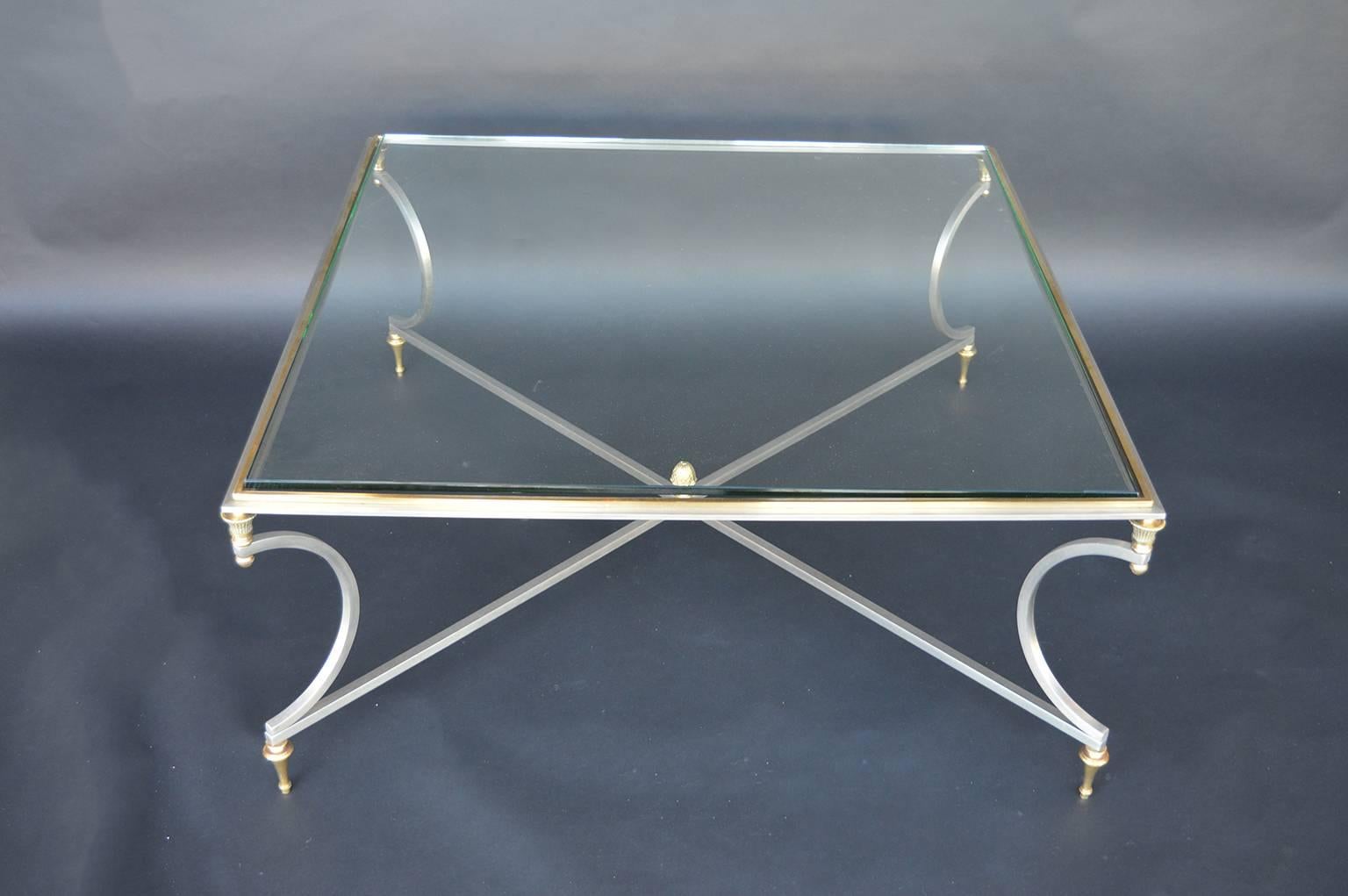 Maison Jansen steel and brass coffee table.