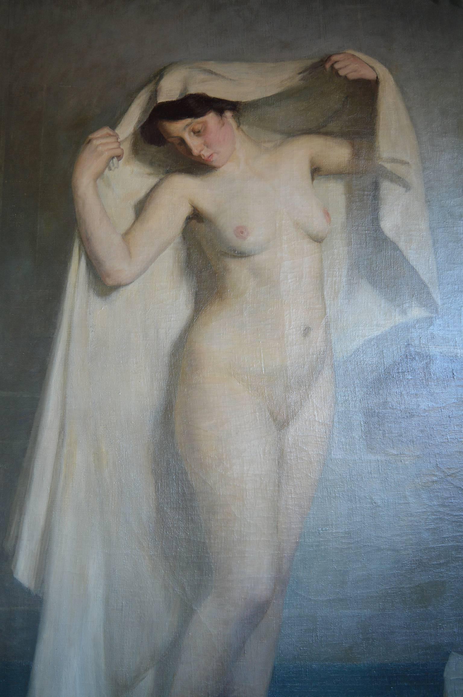 Large nude painting of a woman at the baths by Albert Roberty.
