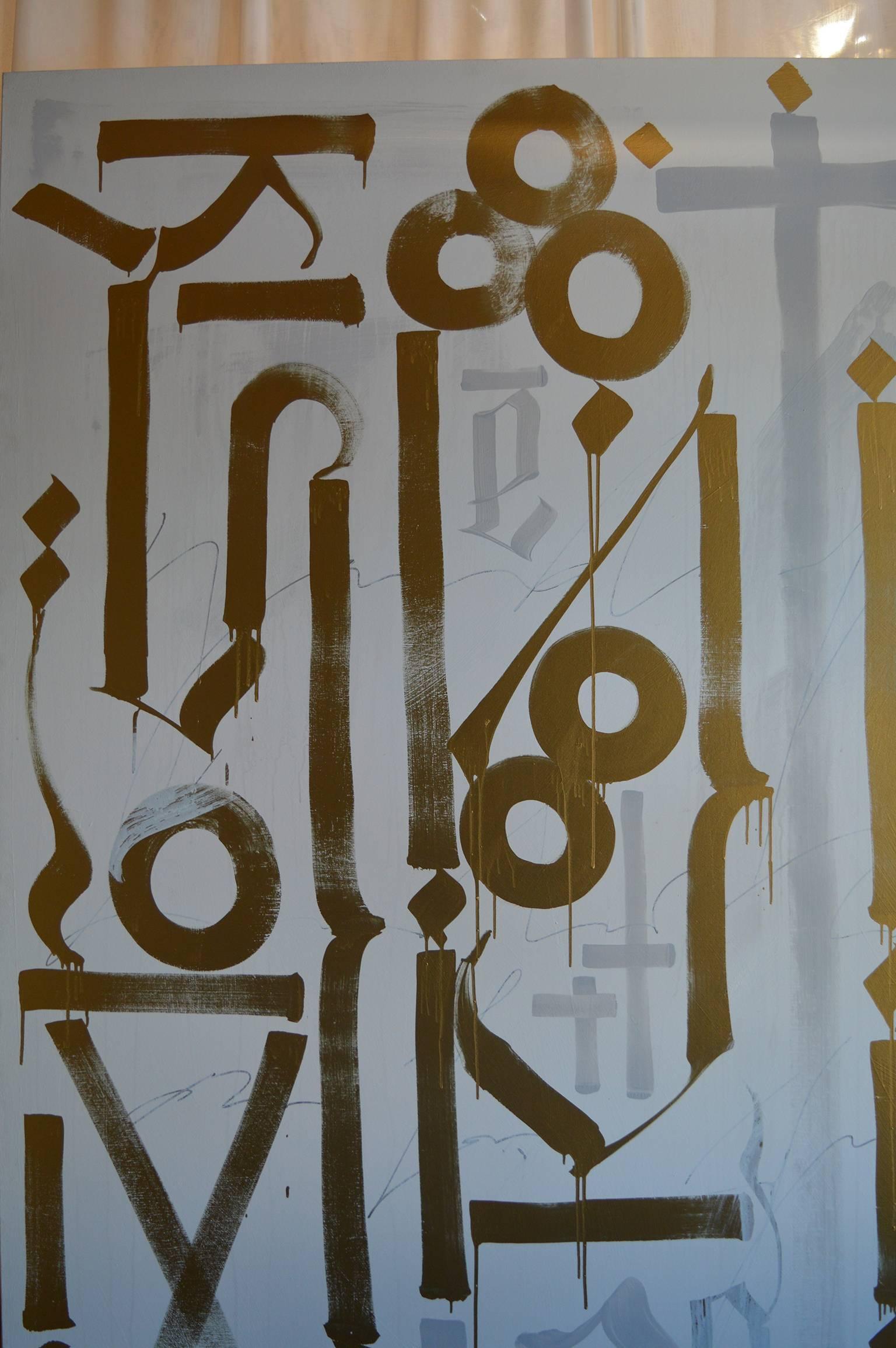 Large piece, untitled by Retna.
Retna is a contemporary artist, primarily recognized for graffiti art. Retna combines visual linguistics, urban poetics and appropriated fashion imagery to explore an eclectic range of media, including graffiti,