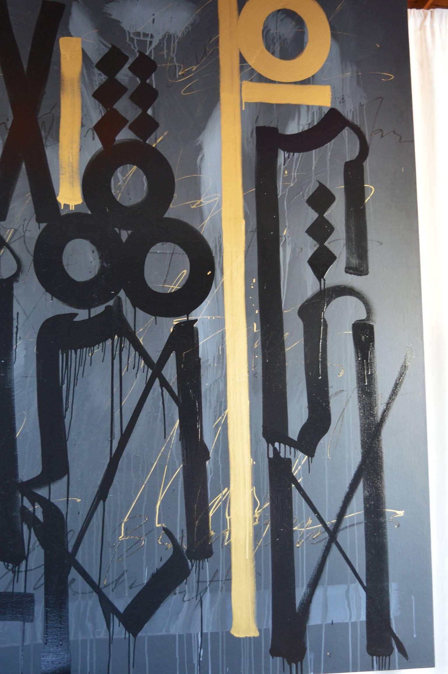 Large piece, Stranger in the Night by Retna.
Retna is a contemporary artist, primarily recognized for graffiti art. Retna combines visual linguistics, urban poetics and appropriated fashion imagery to explore an eclectic range of media, including
