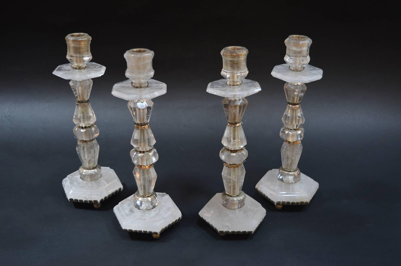 Set of Four Rock Crystal Candelabras. Silverplated.