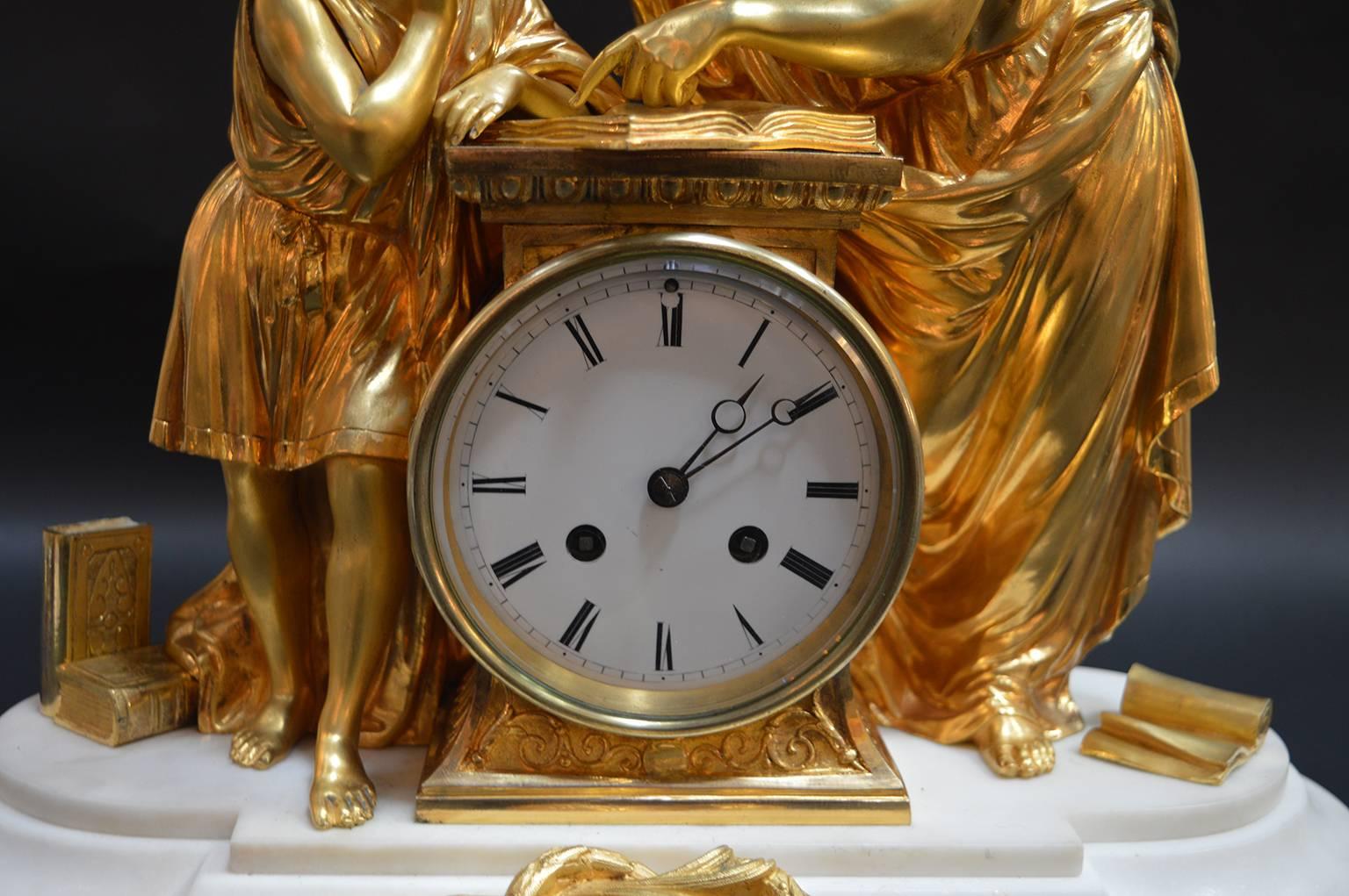 19th Century French Doré Bronze and White Marble Figural Clock In Excellent Condition In Los Angeles, CA