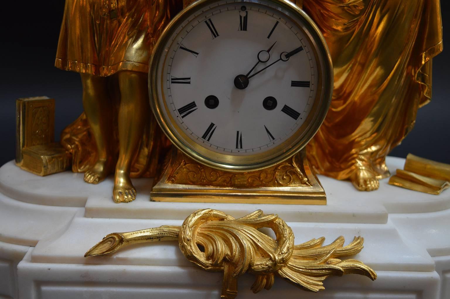 19th Century French Doré Bronze and White Marble Figural Clock 2