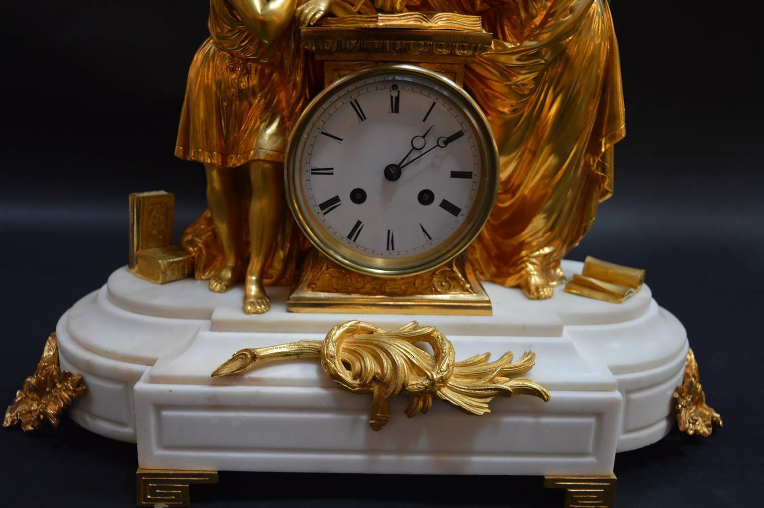 19th Century French Doré Bronze and White Marble Figural Clock 3