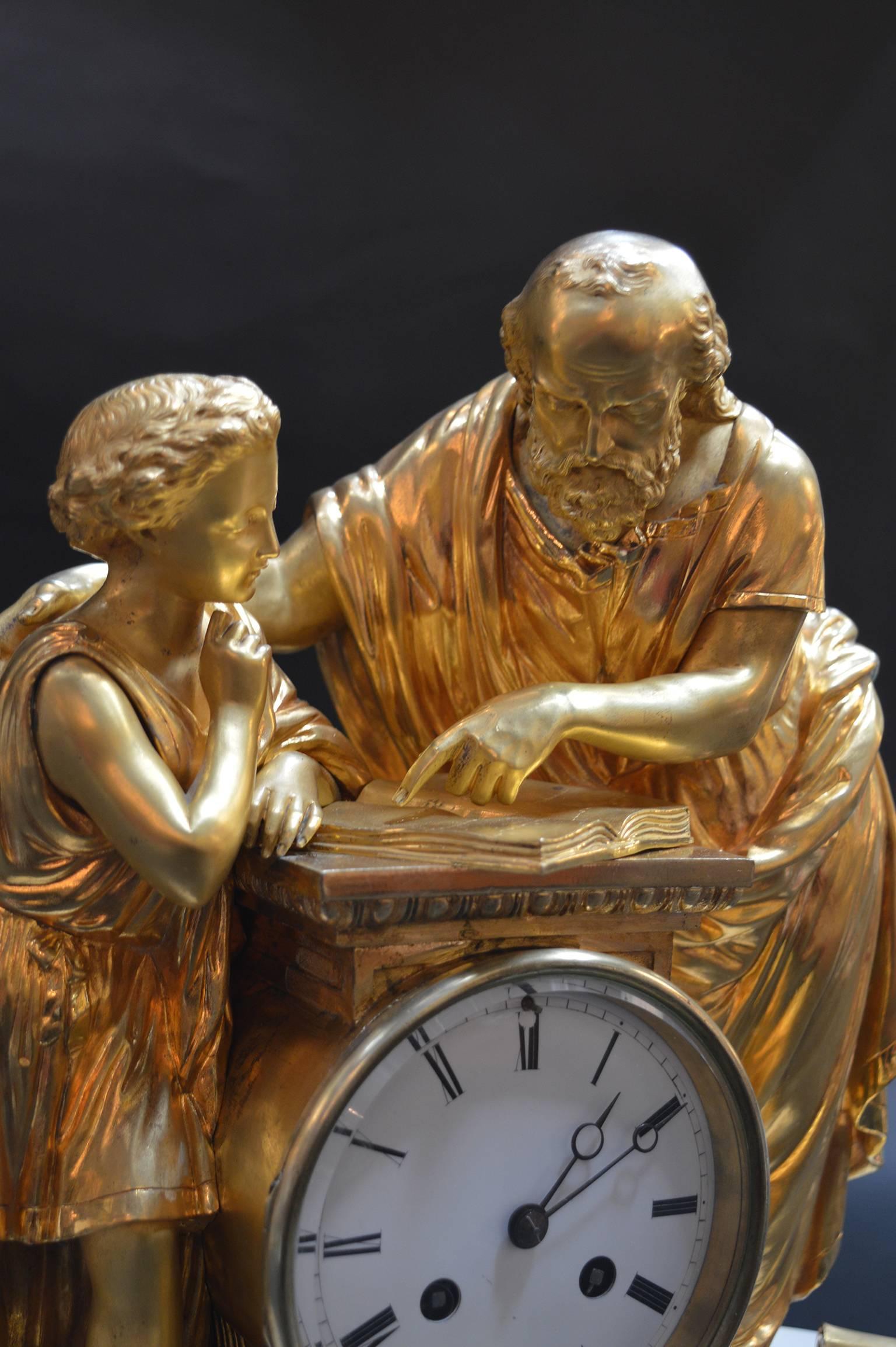19th Century French Doré Bronze and White Marble Figural Clock 6