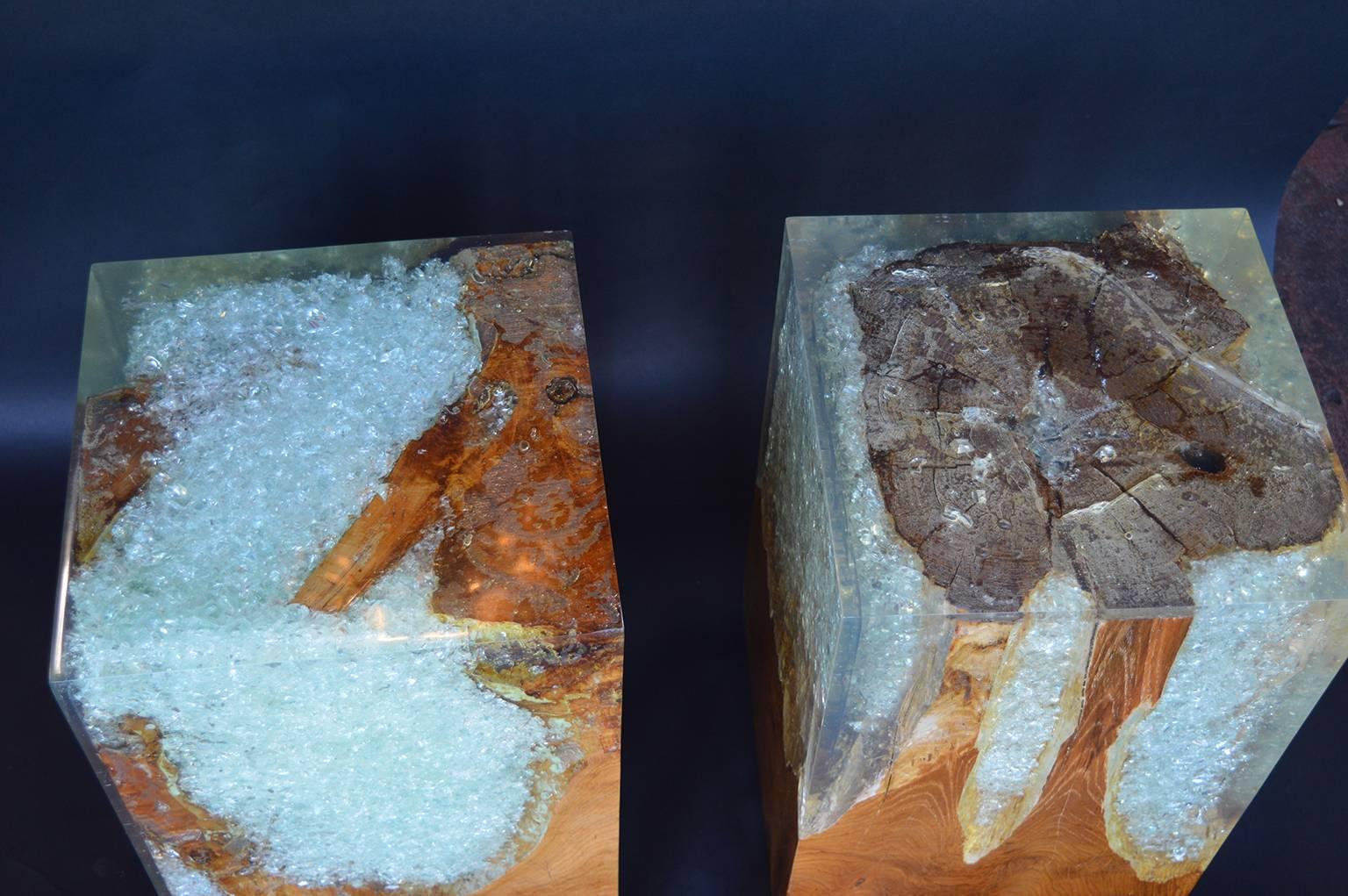 Pair of Wood Stools Encased in Resin In Excellent Condition In Los Angeles, CA