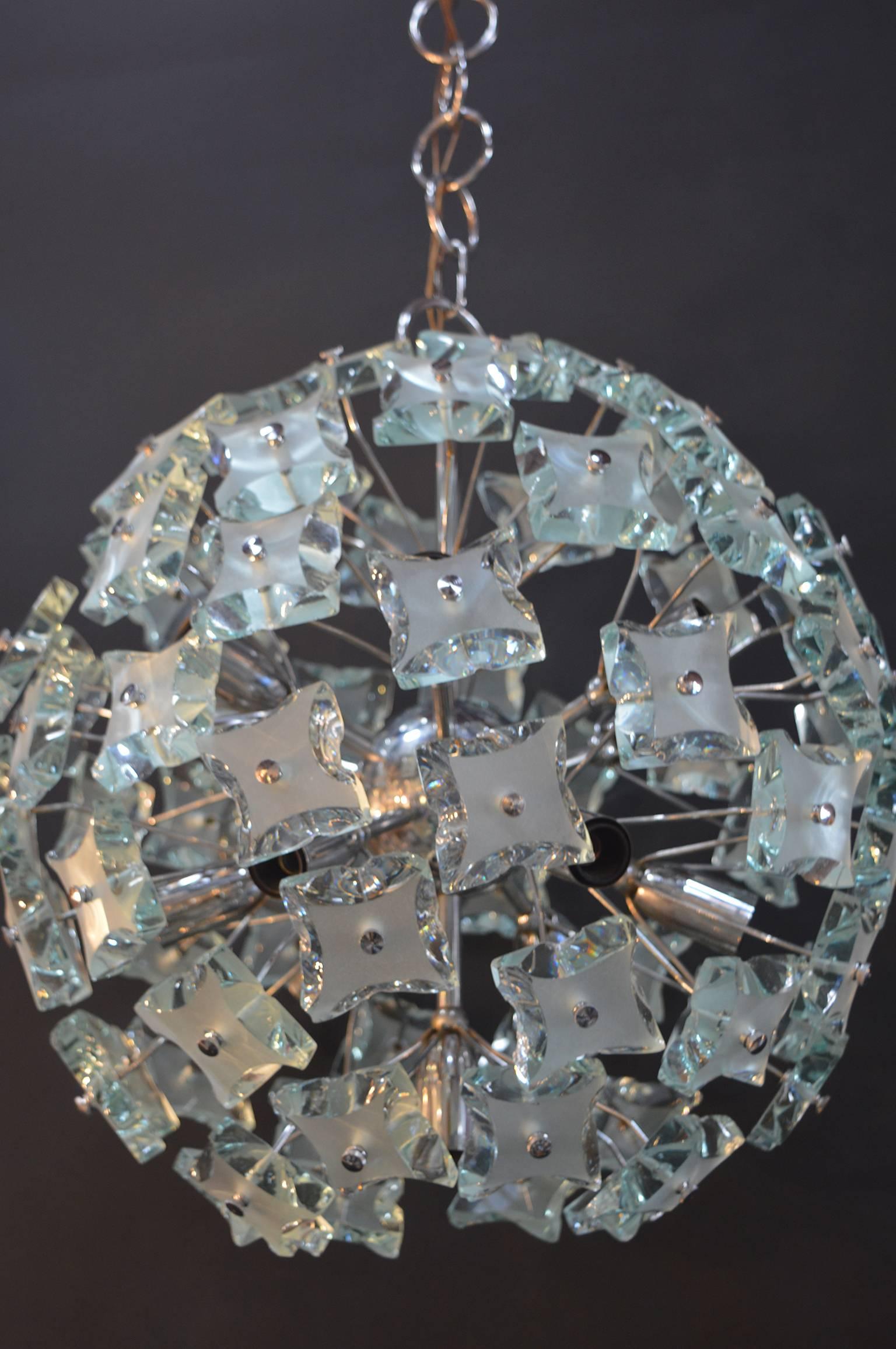 Light blue Fontana Arte Sputnik chandelier. Thirteen-light chandelier.