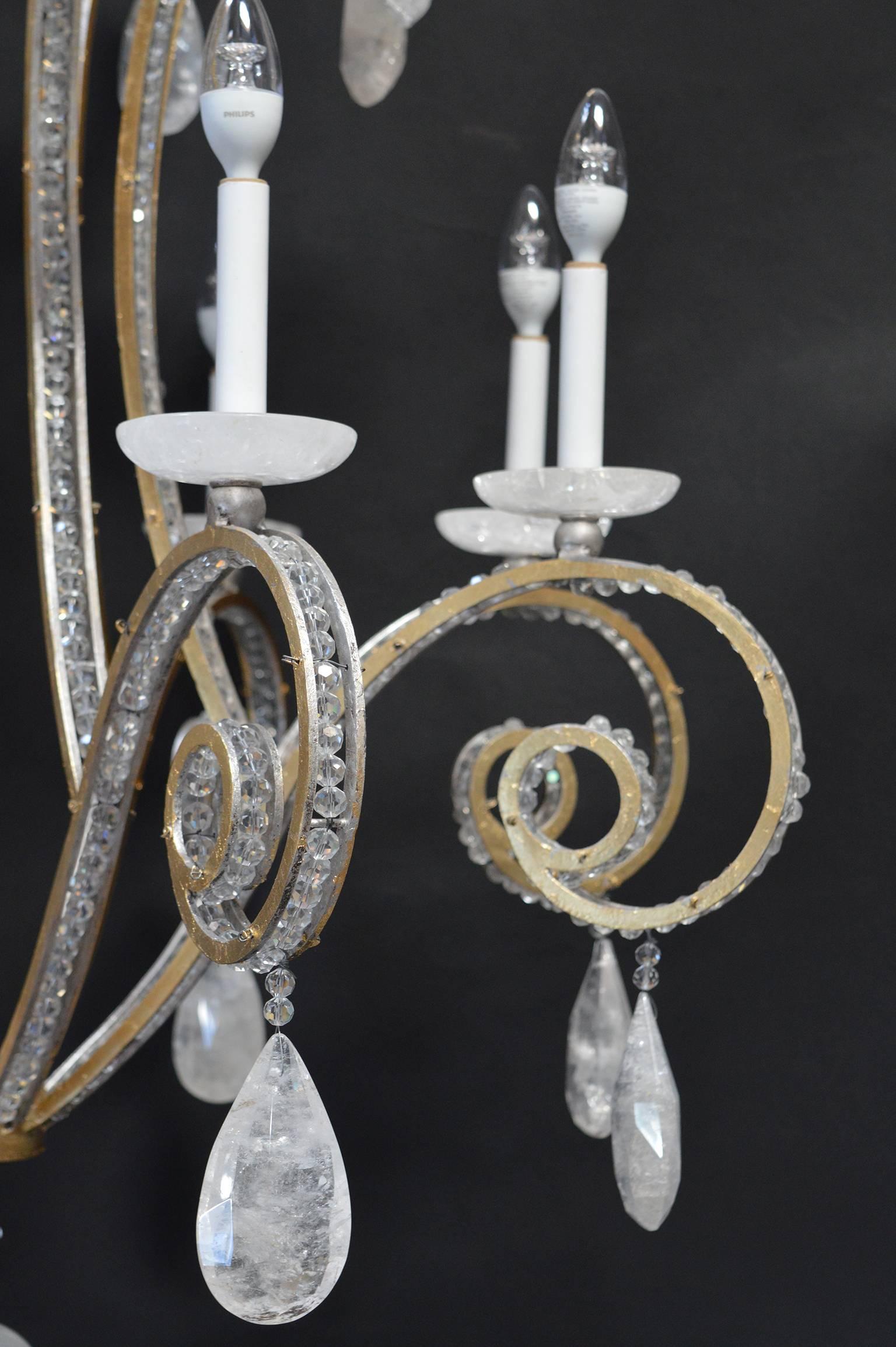 Silver and Gold Leaf Rock Crystal Chandelier In Excellent Condition For Sale In Los Angeles, CA