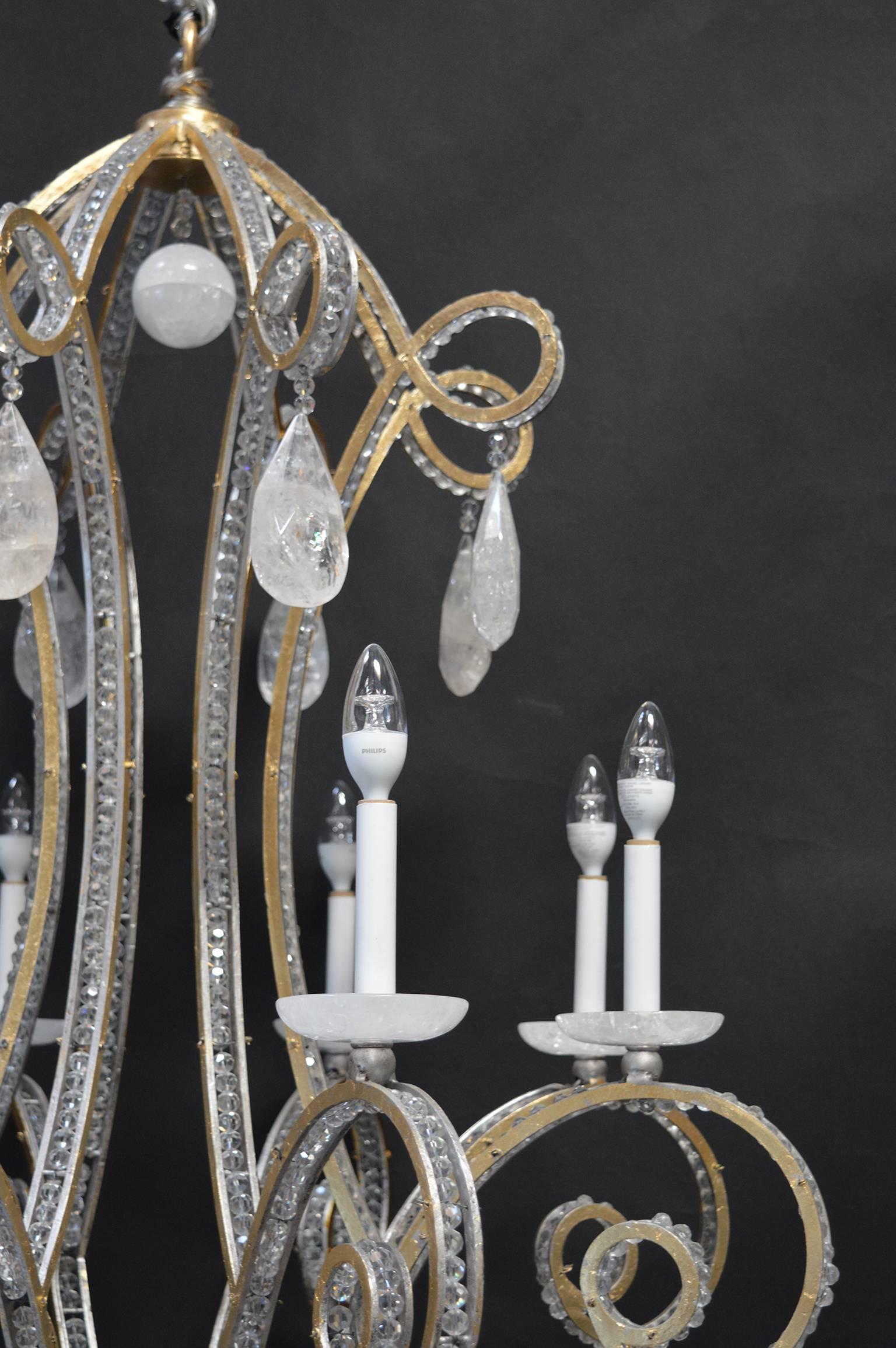 20th Century Silver and Gold Leaf Rock Crystal Chandelier For Sale