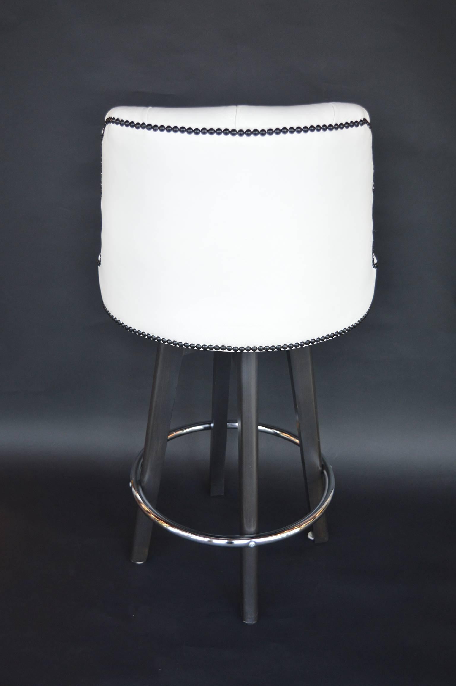 American Set of Three White Leather Bar Stools