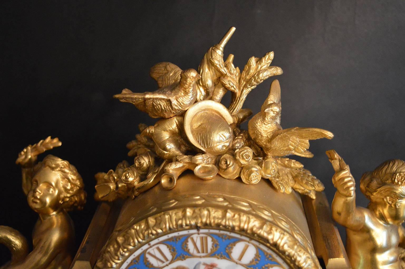 French Sèvres Porcelain with Doré Bronze Clock For Sale