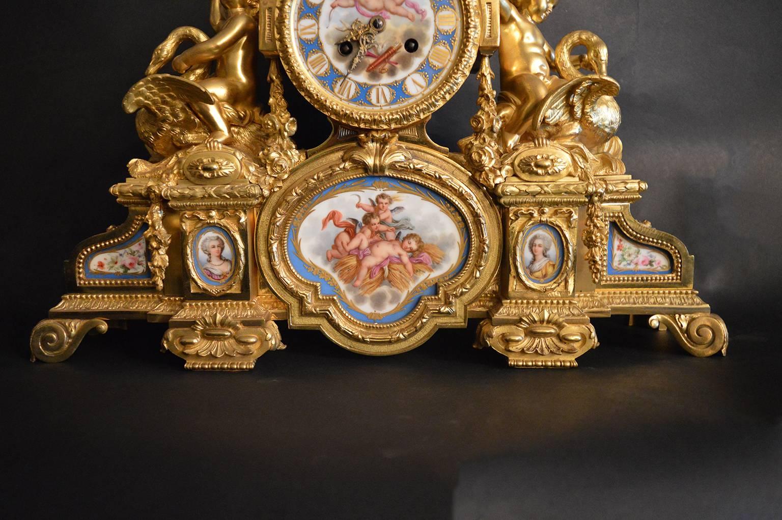 19th Century Sèvres Porcelain with Doré Bronze Clock For Sale