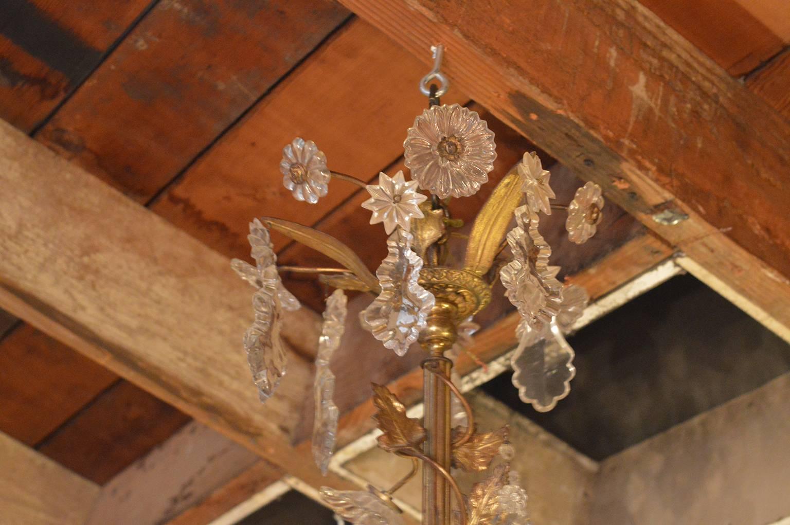 Floral Detail Brass and Crystal Chandelier In Good Condition For Sale In Los Angeles, CA