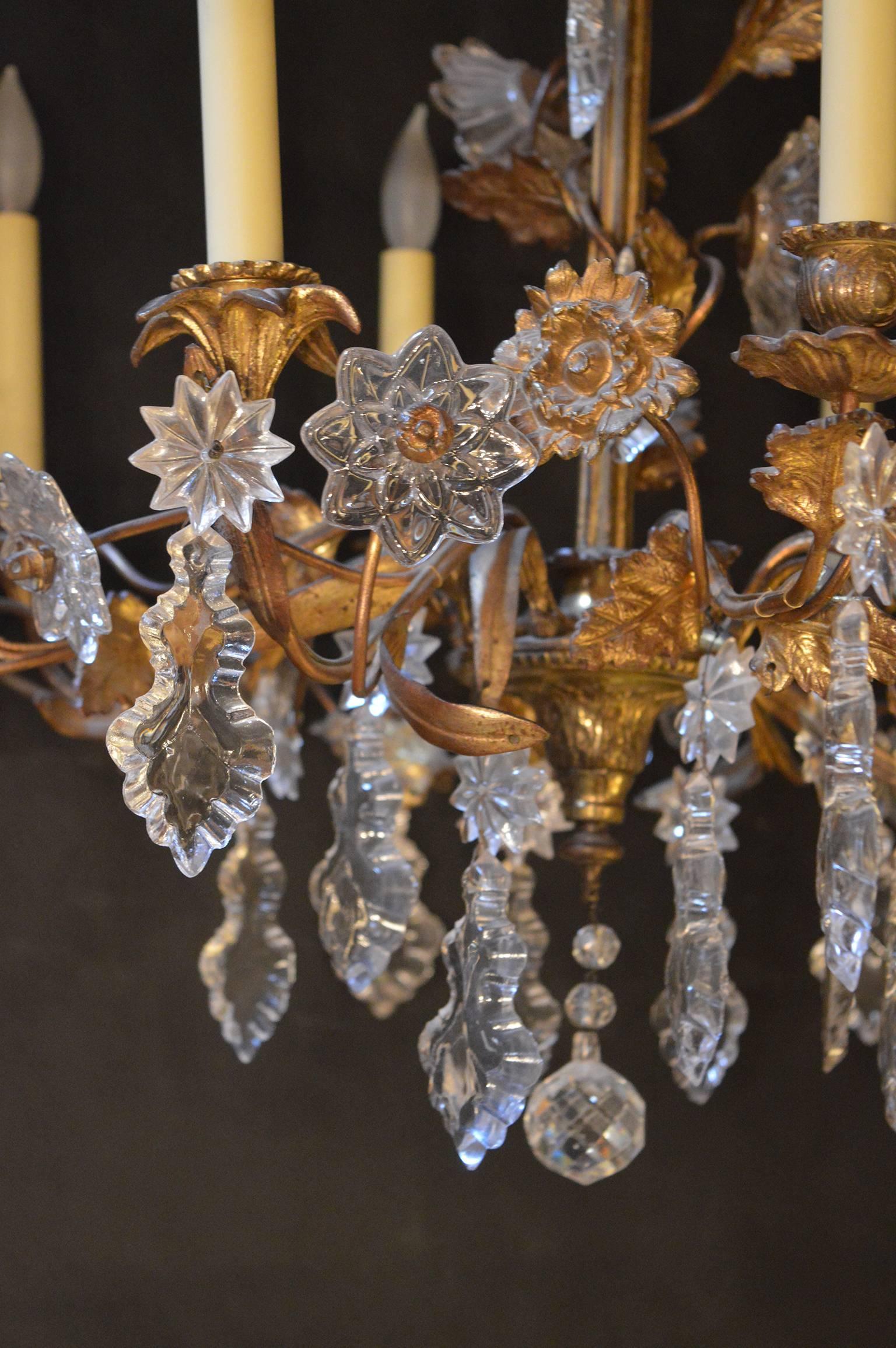 Italian Floral Detail Brass and Crystal Chandelier For Sale