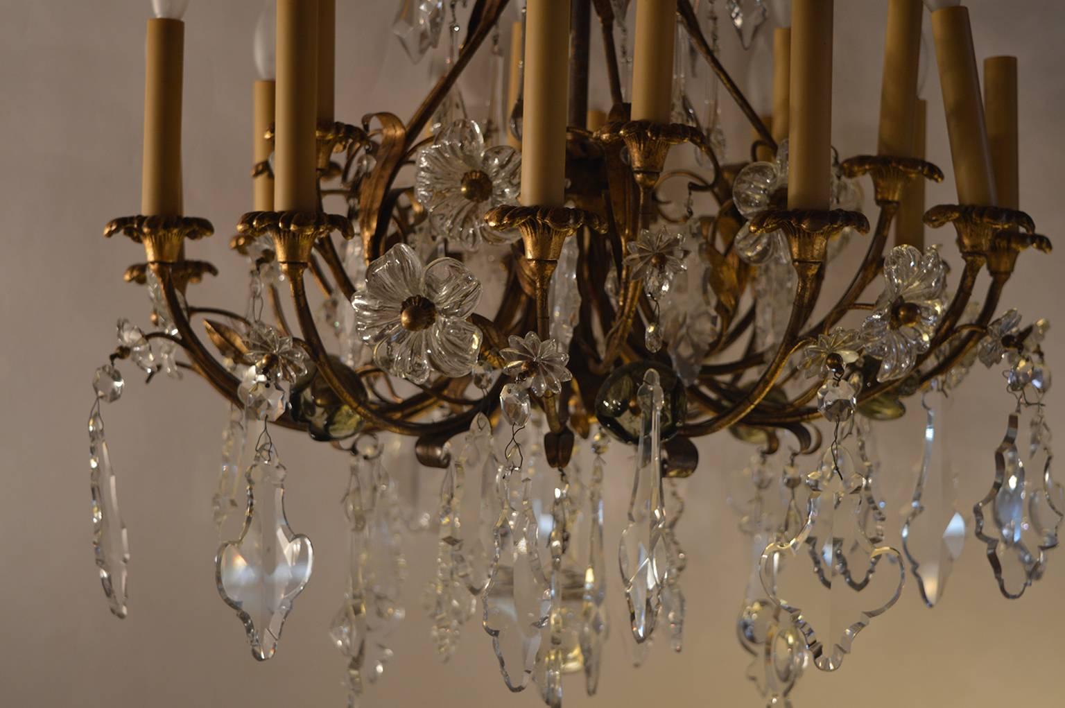 Italian floret crystal chandelier with bronze frame.