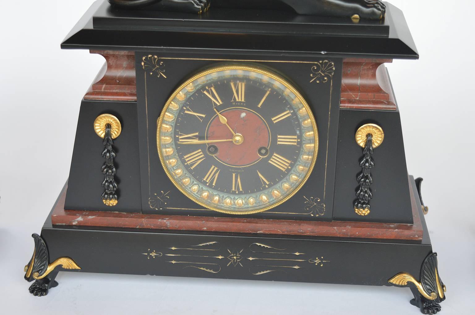 French Bronze and Marble Egyptian Inspired Clockset For Sale 3