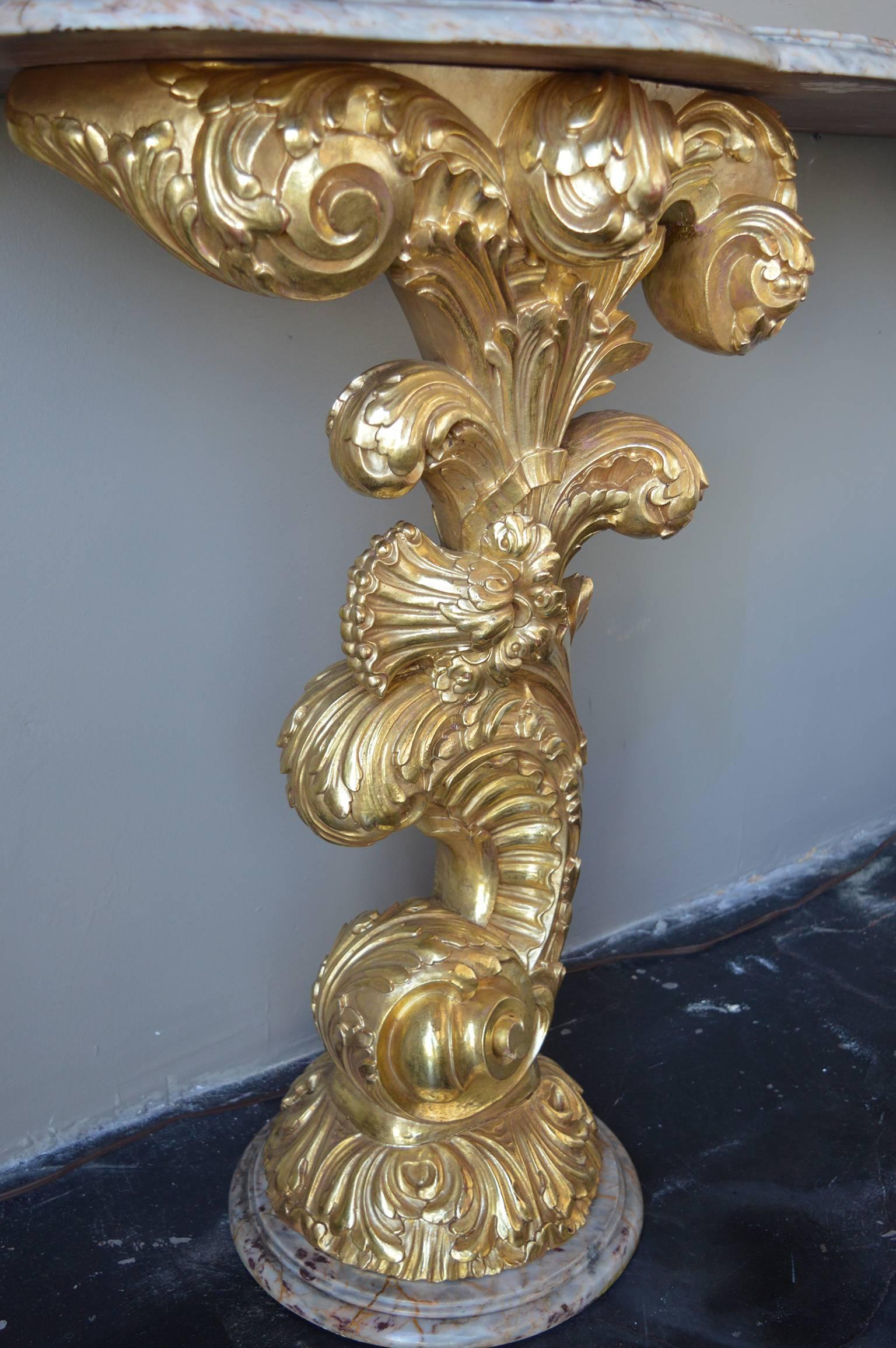 Gilt Hand-Carved Wood and Marble Console