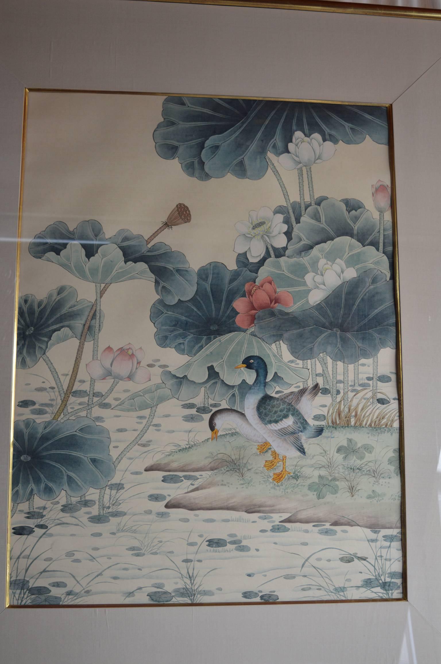 Set of four Chinese water color paintings on cloth. Each Painting has been professionally framed and matted with a gold leafed faux bamboo frame. The full length of all the paintings together is 204".