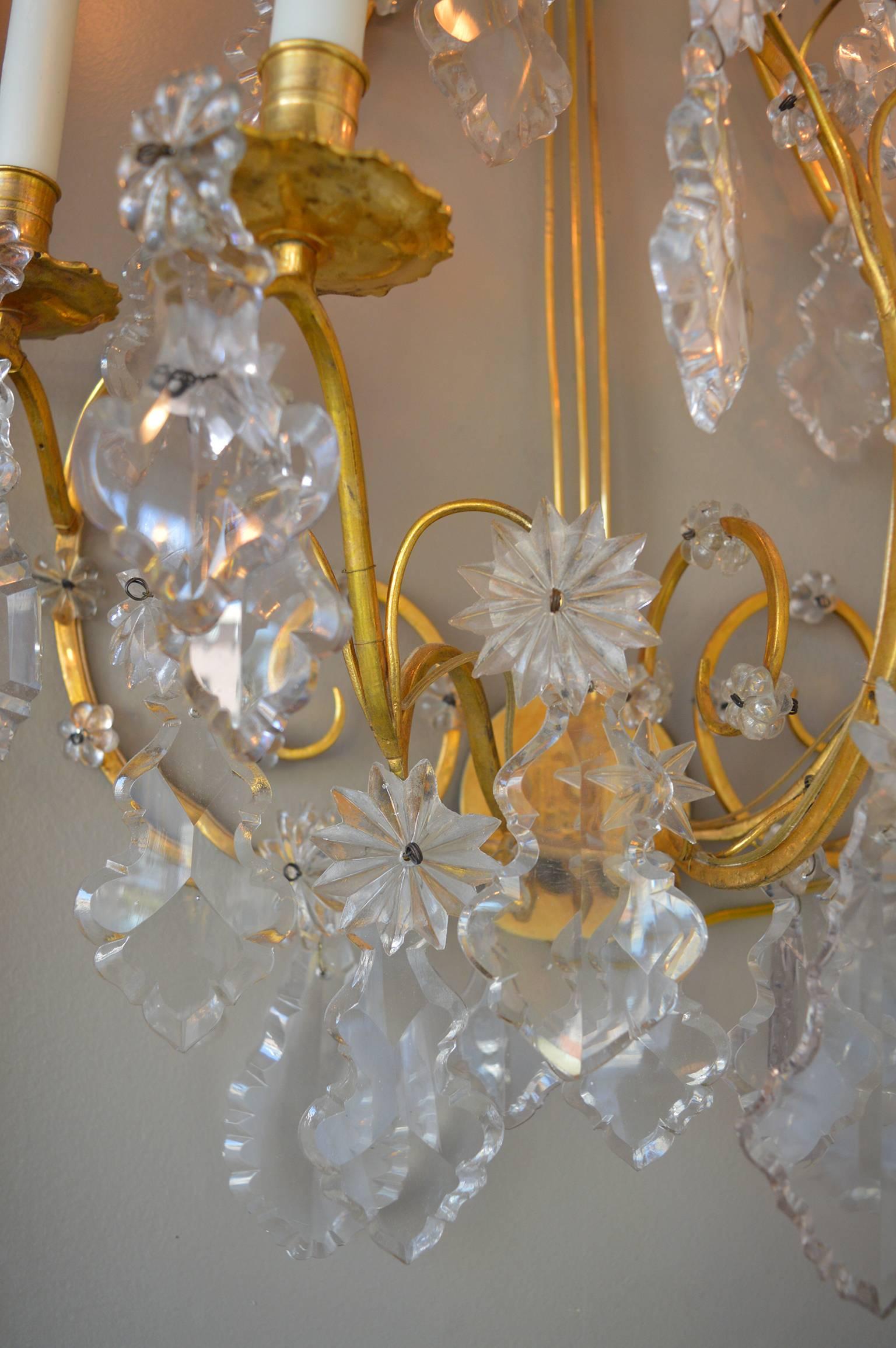 Pair of Bronze and Crystal Sconces In Excellent Condition In Los Angeles, CA