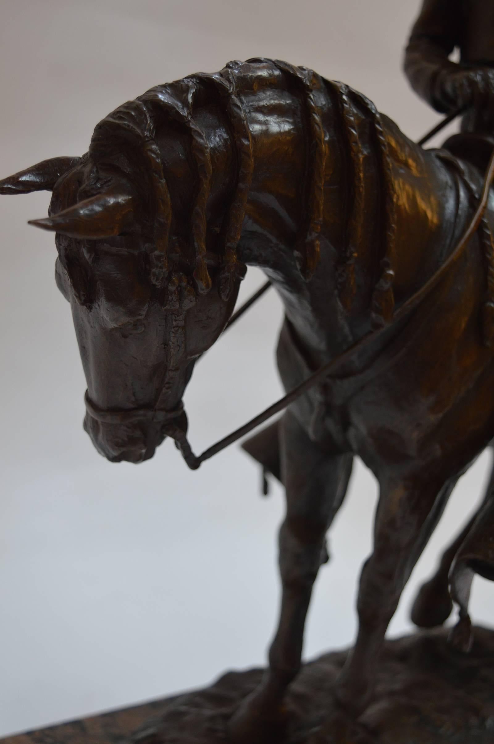 Patinated Equestrian Bronze Sculpture In Excellent Condition In Los Angeles, CA