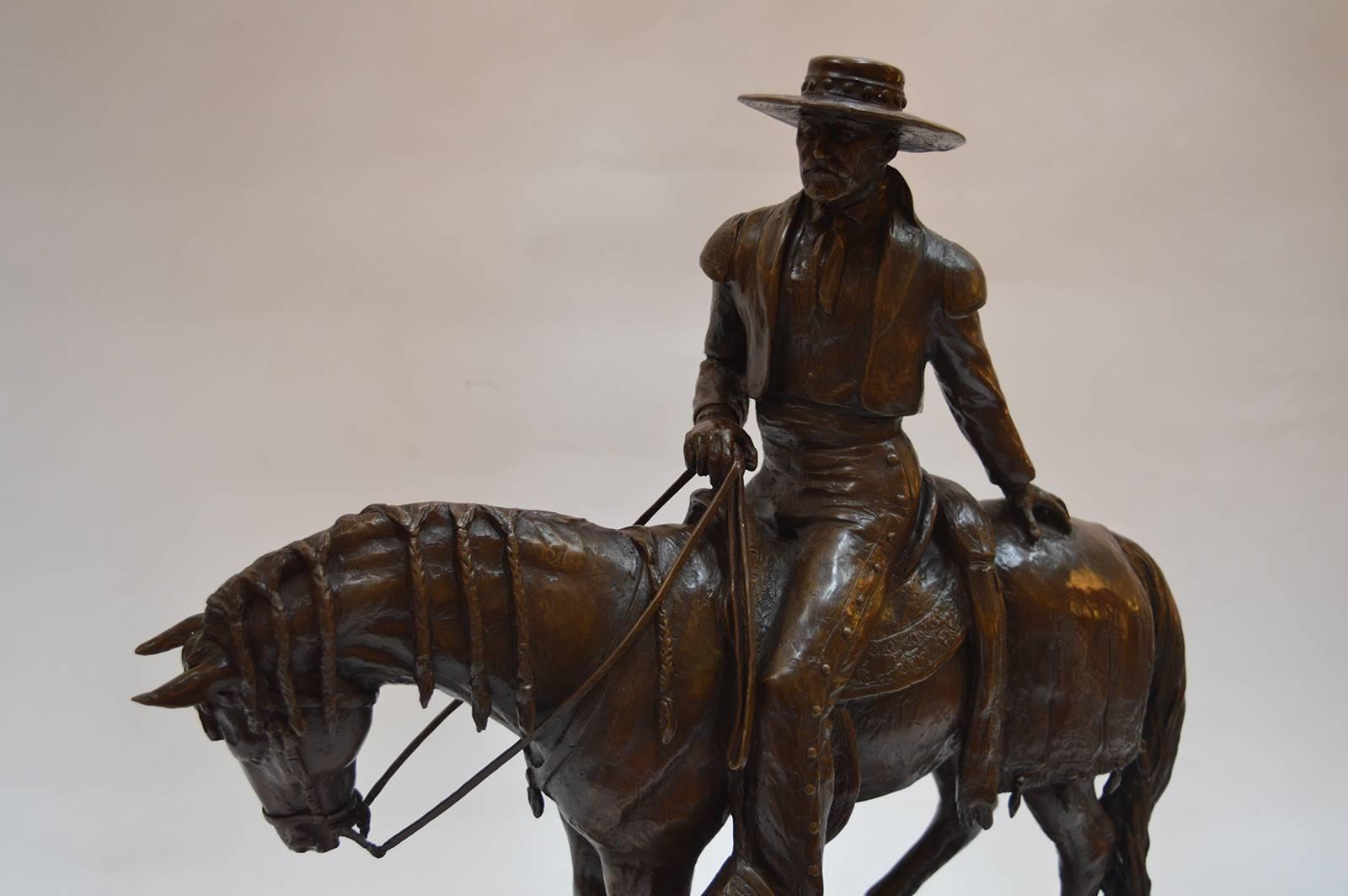 Patinated equestrian bronze sculpture of a new age Don Quixote.