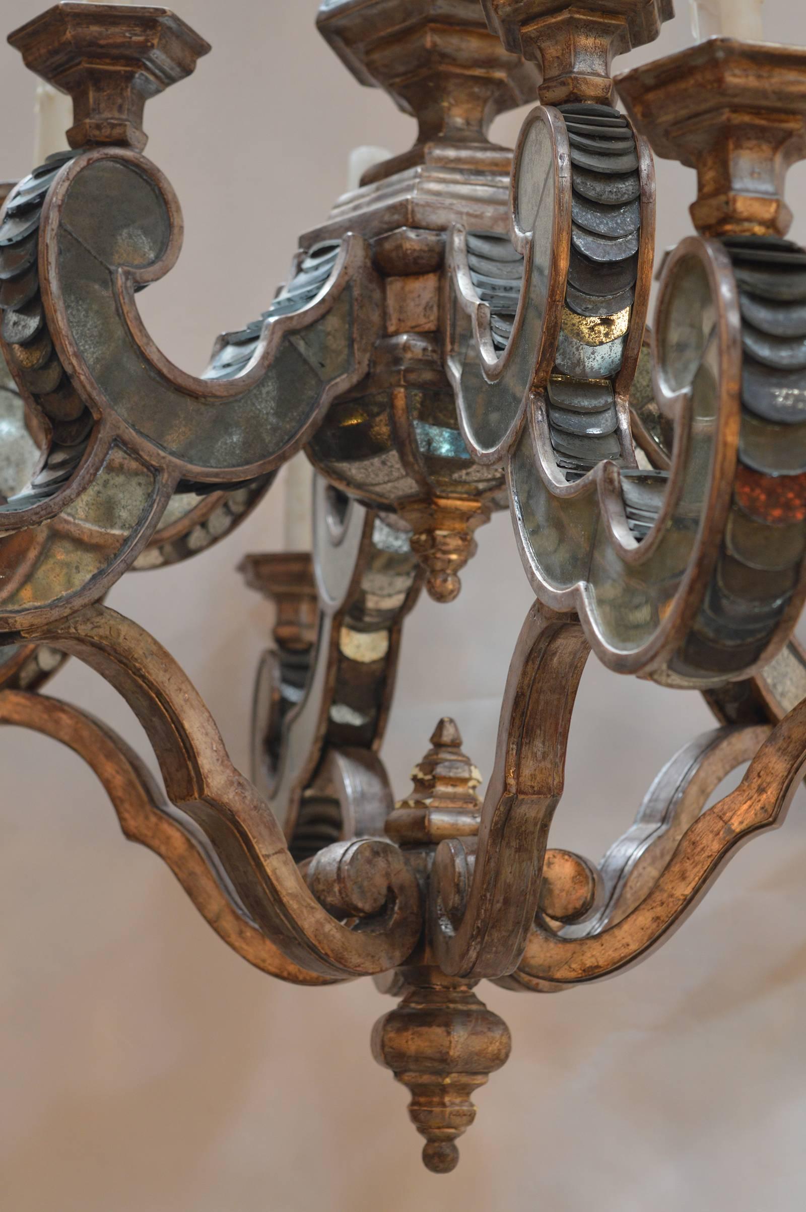Italian Antique Wood and Mirror Chandelier