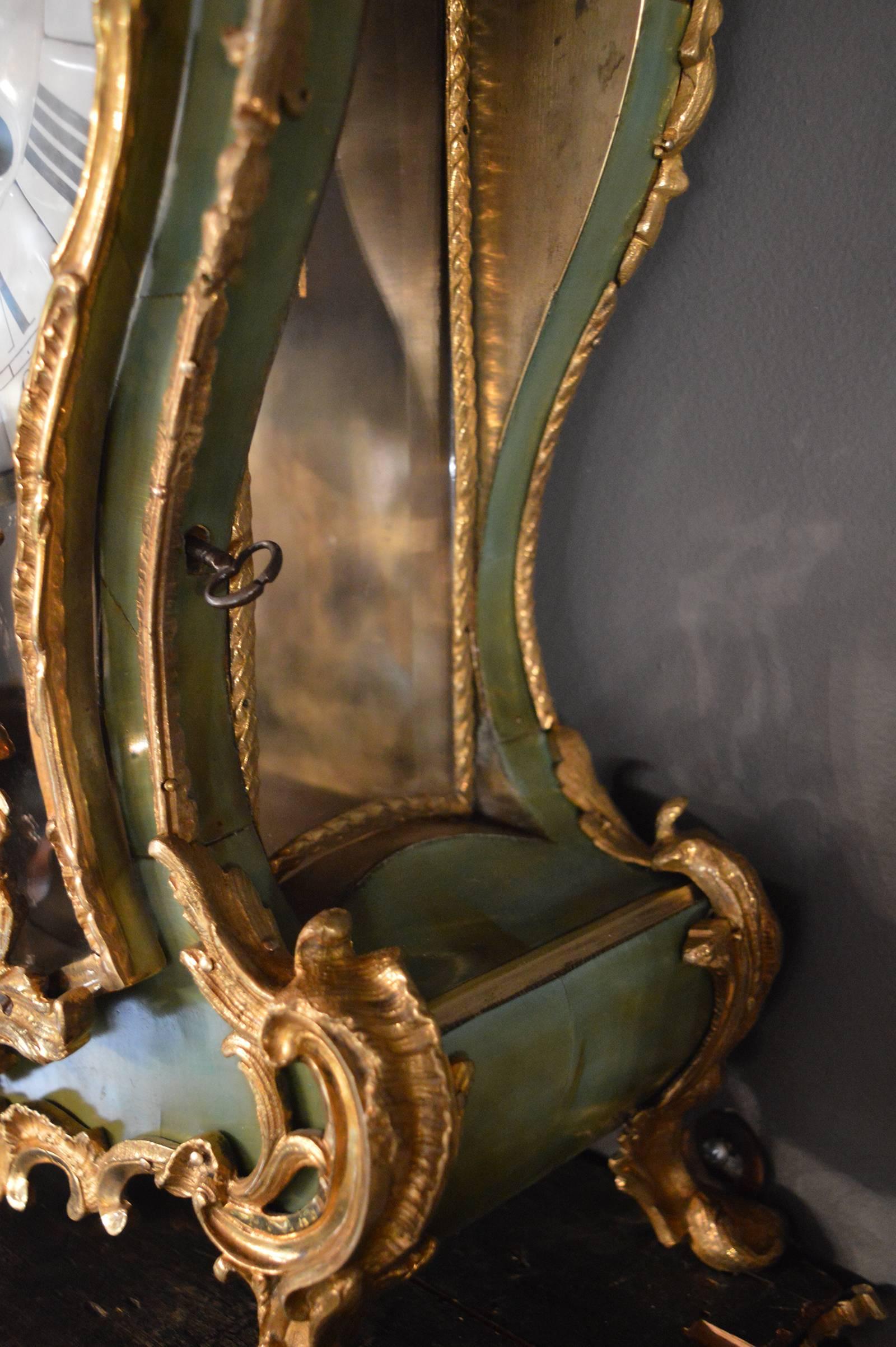 19th Century Green Tortoise Shell Gilt Clock with Paired Base In Good Condition In Los Angeles, CA