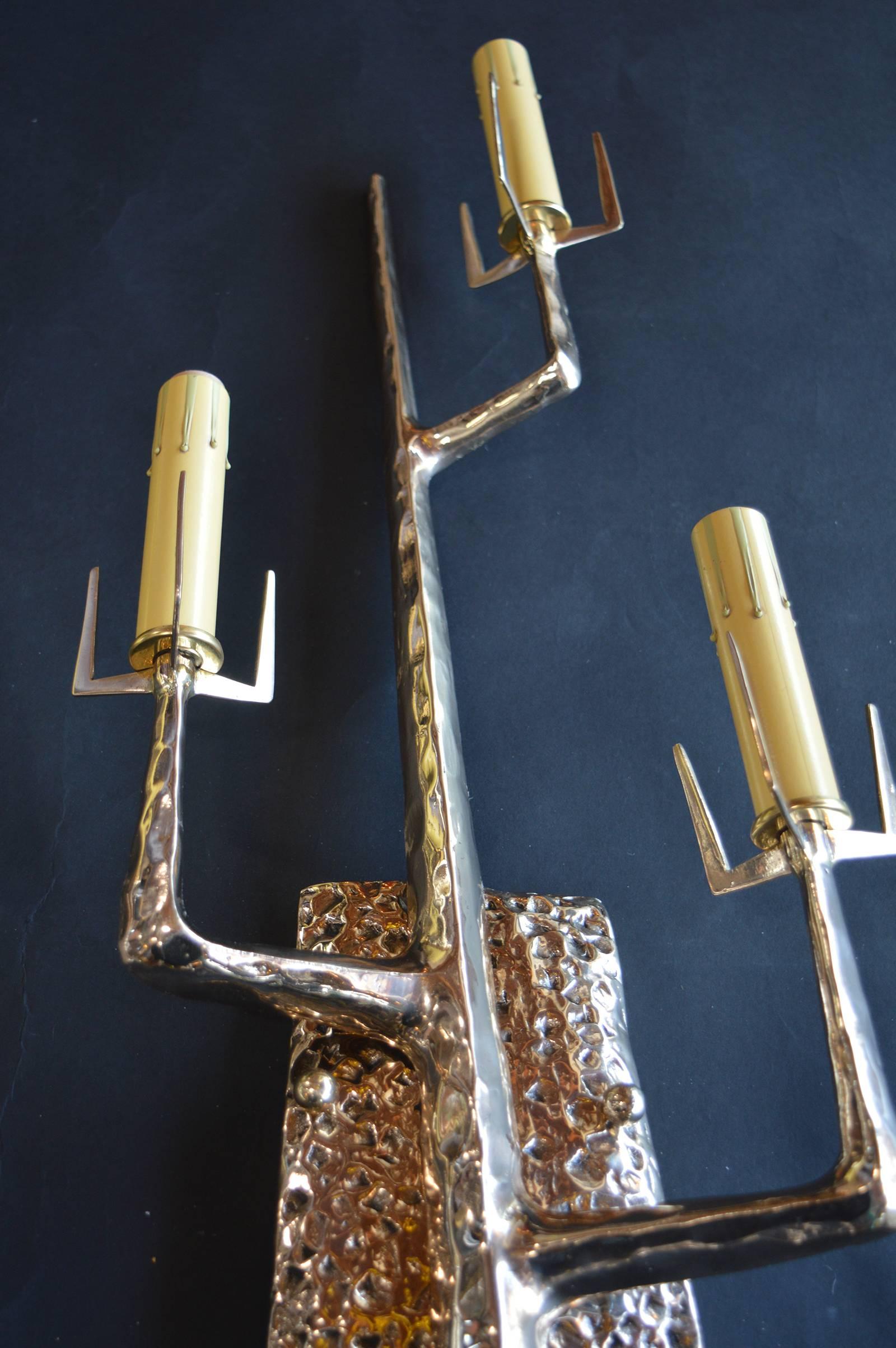 American Pair of Polished Bronze Tree Sconces by Felix Agostini