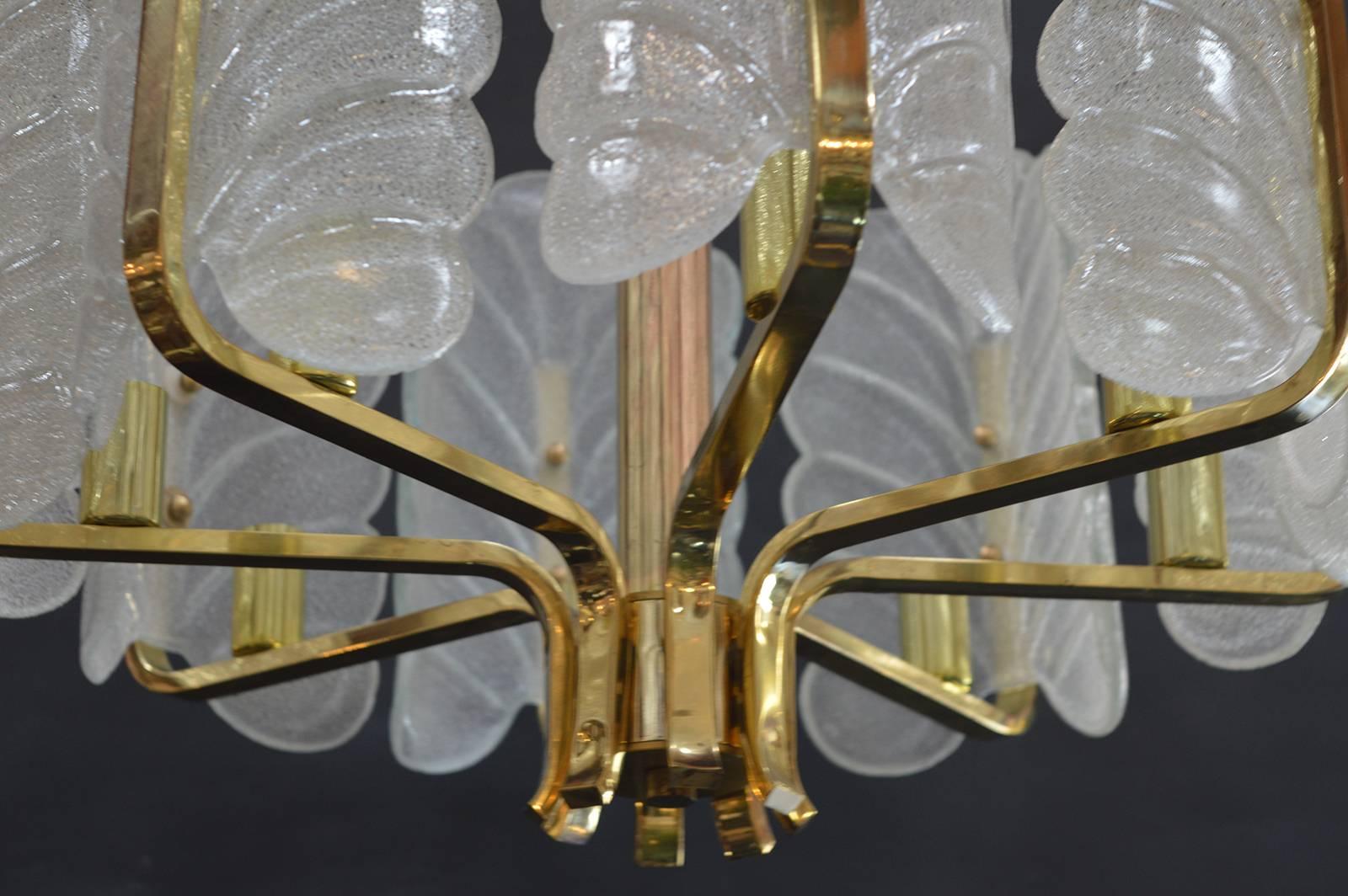 Brass and Glass Leaf Chandelier In Excellent Condition In Los Angeles, CA
