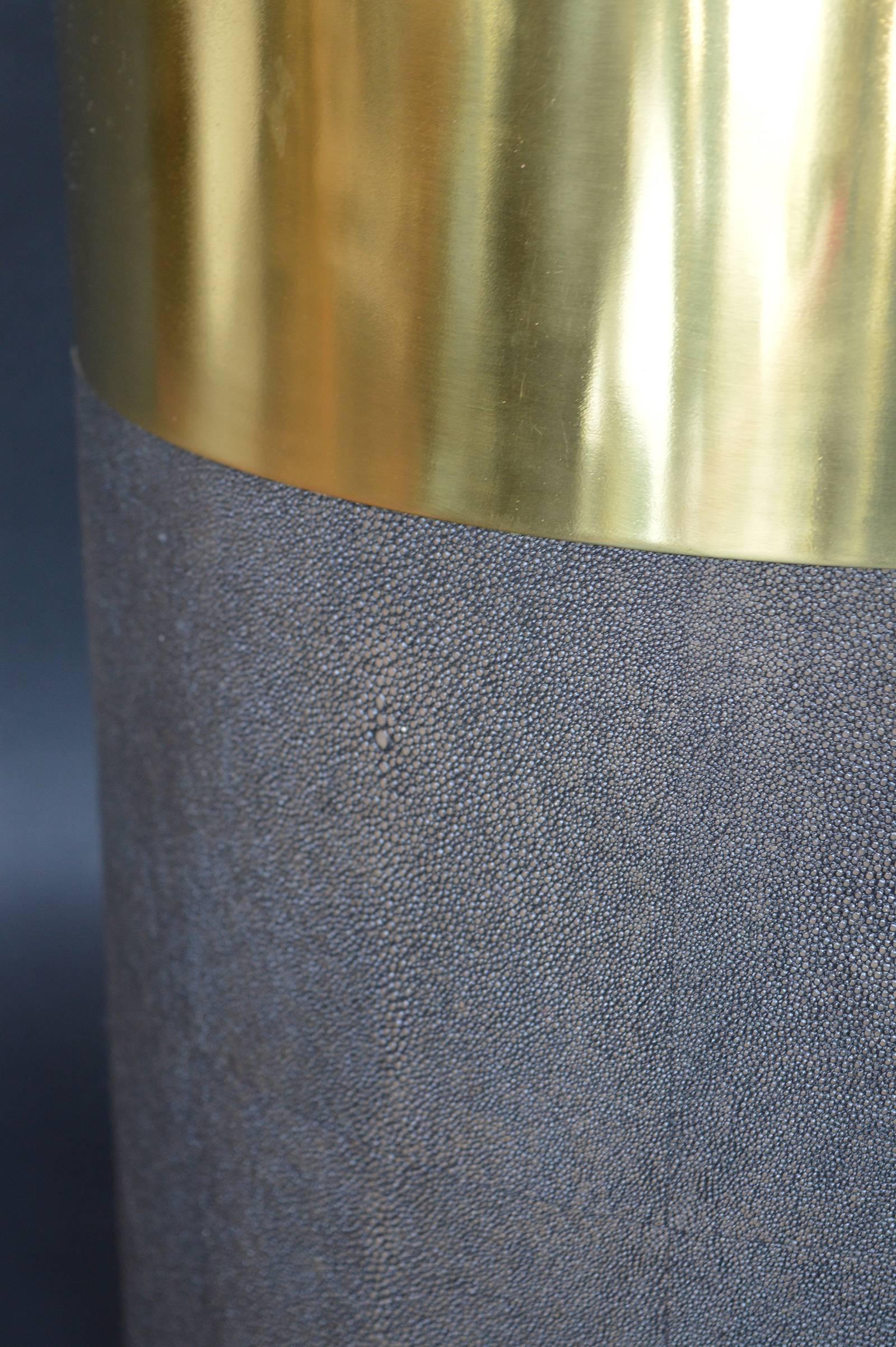 Pair of small dark grey shagreen and brass side tables.