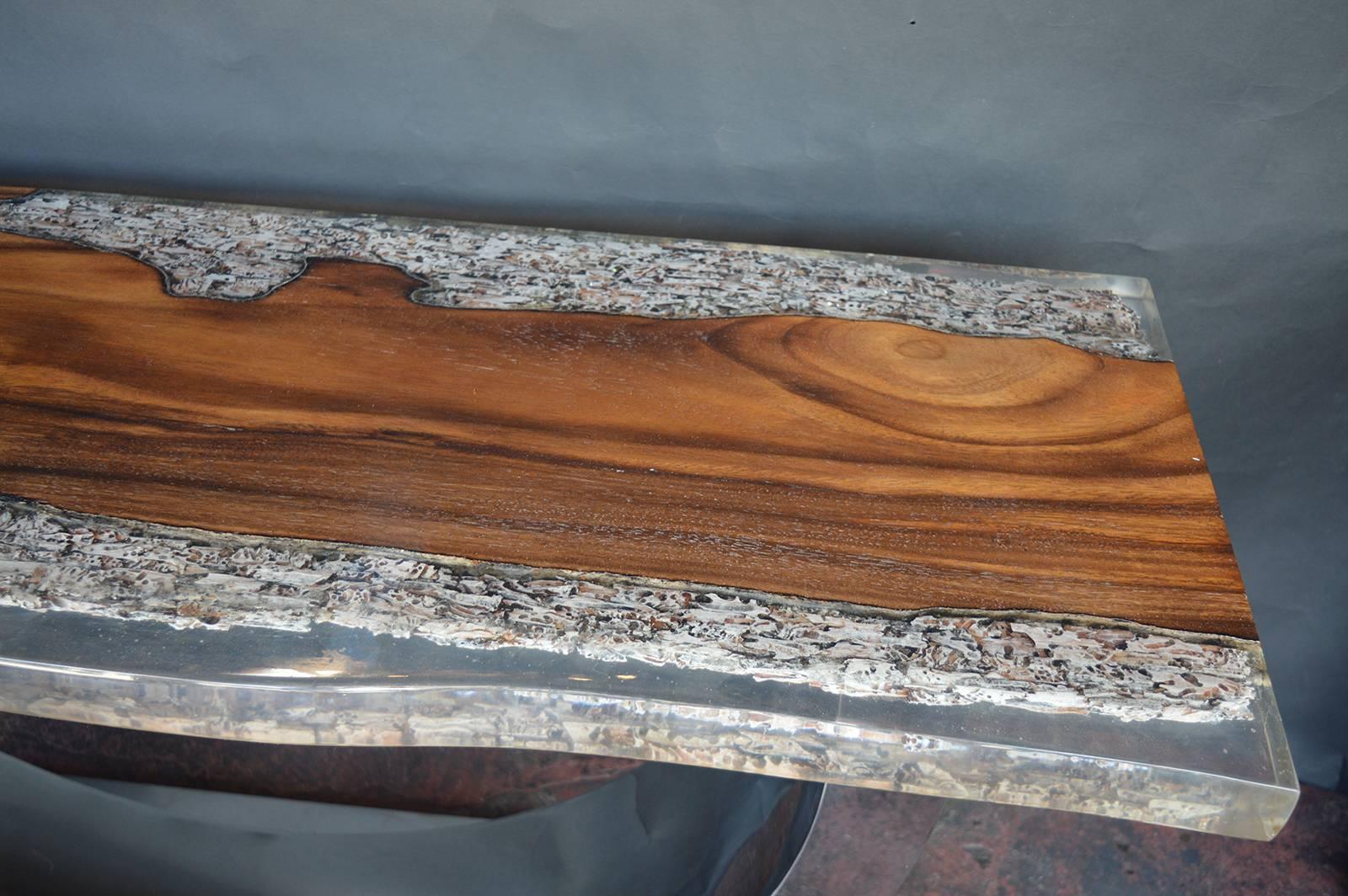 American Free Form Teak Wood and Resin Top Console