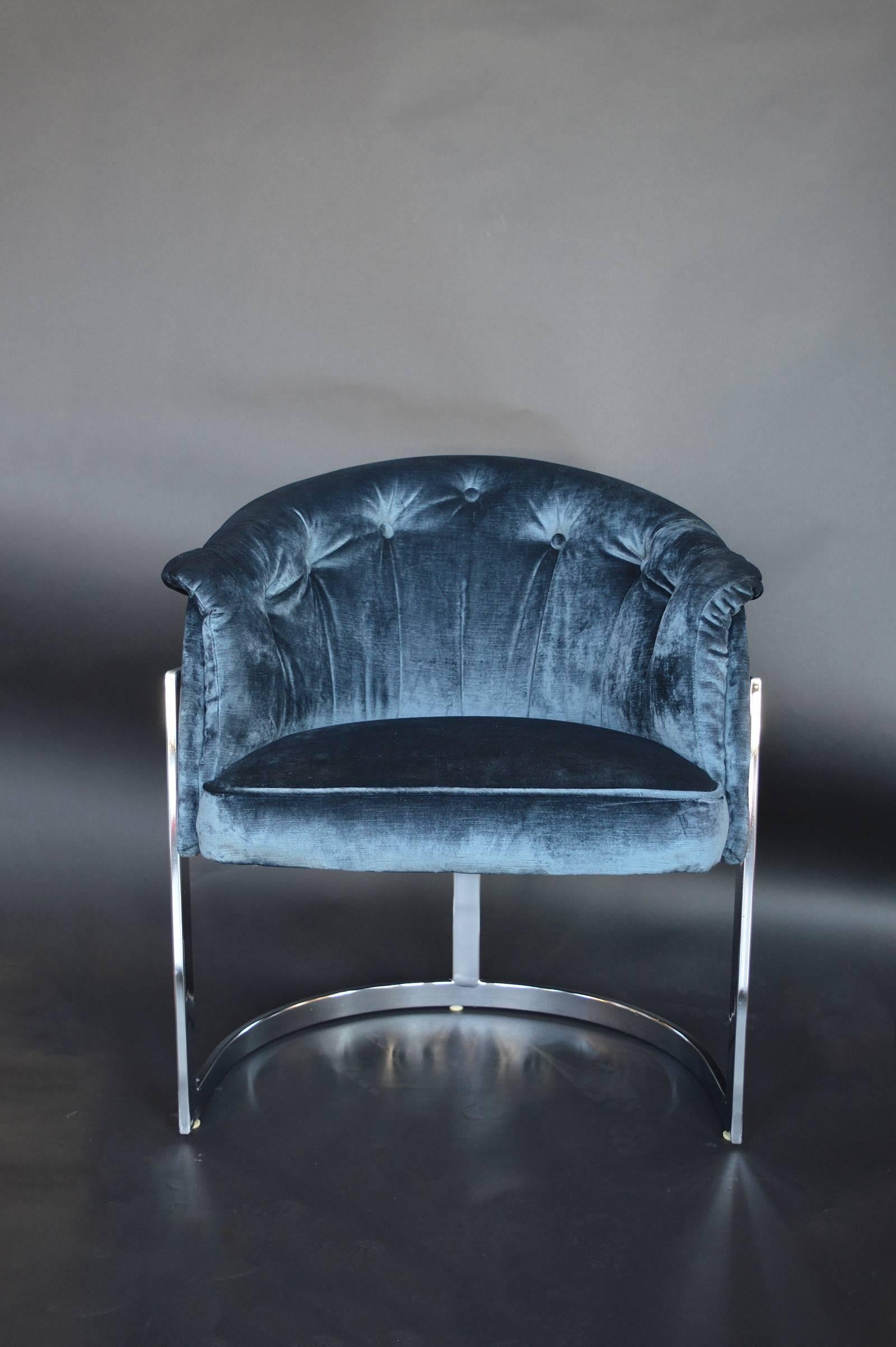 Set of Four Blue Velvet Milo Baughman Style Chairs. Chrome frame.