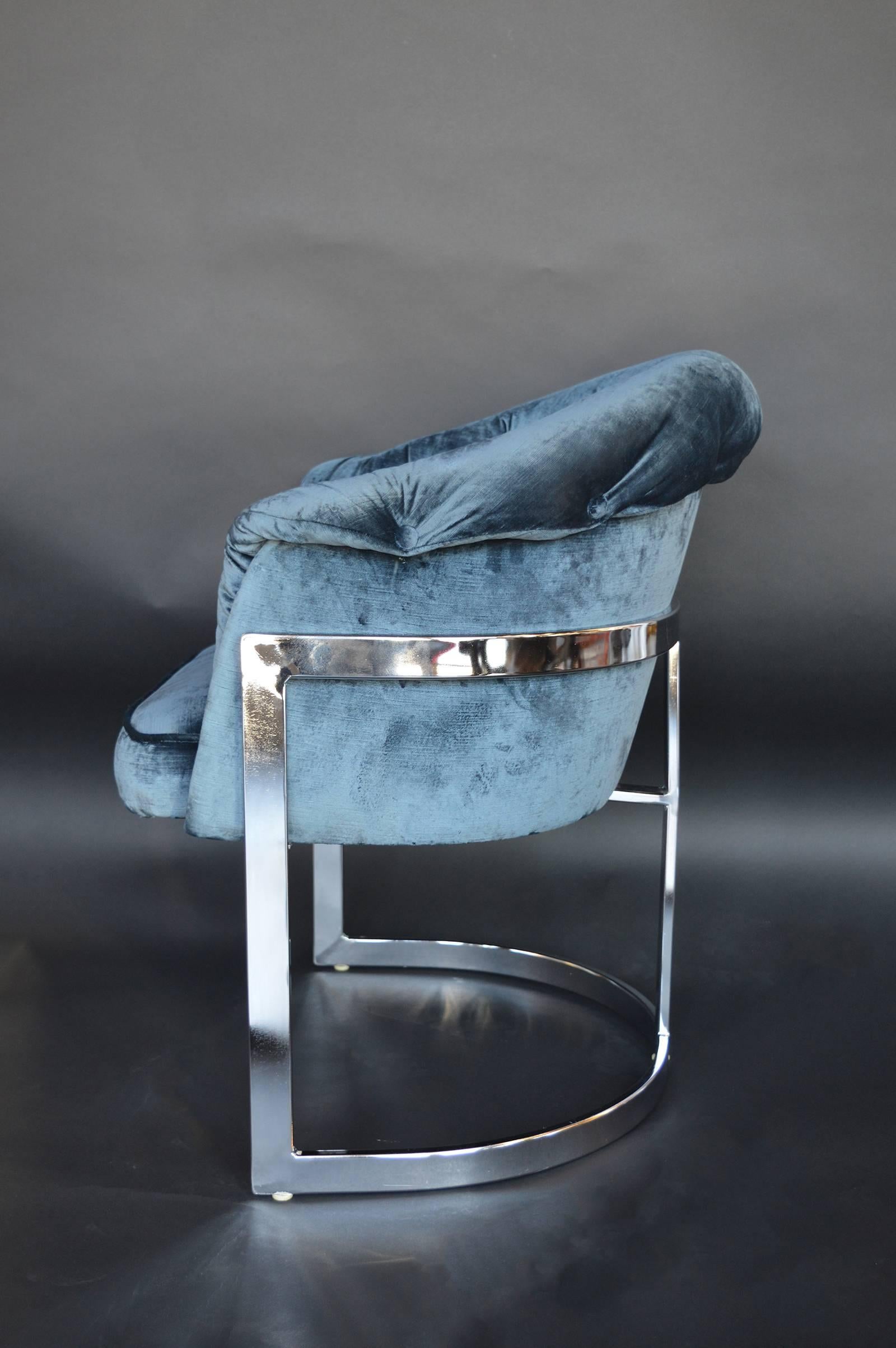 American Set of Four Blue Velvet Milo Baughman Style Chairs