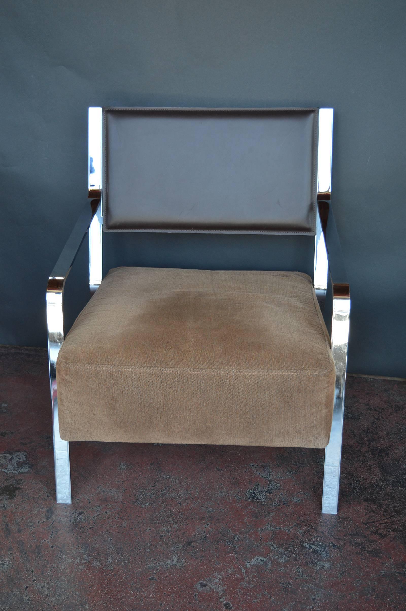 Italian Pair of Brown Leather and Chrome Chairs